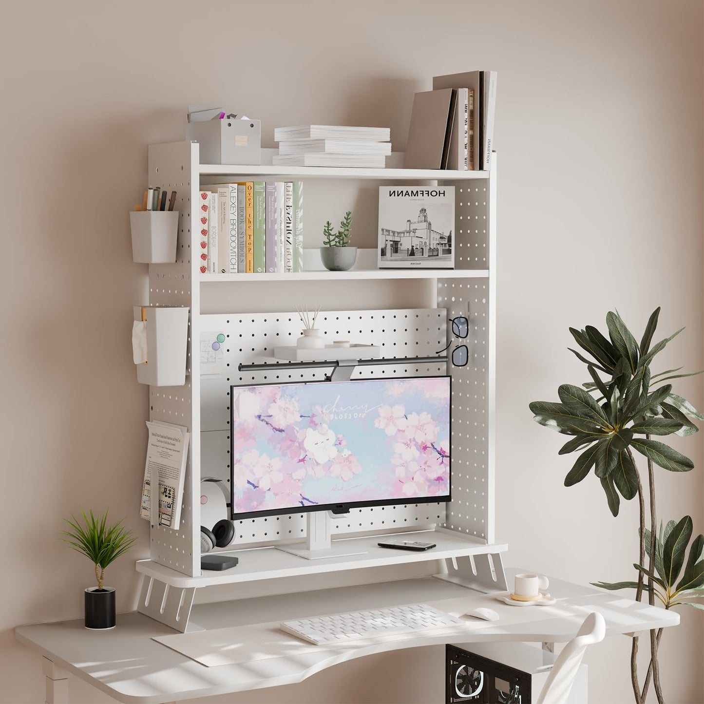 Boltmol 2-Tier Desk Shelf With Monitor Riser,White 80CM, Desktop Organizer With Pegboard, Countertop Storage Bookcase For Home, Office Or Dorm