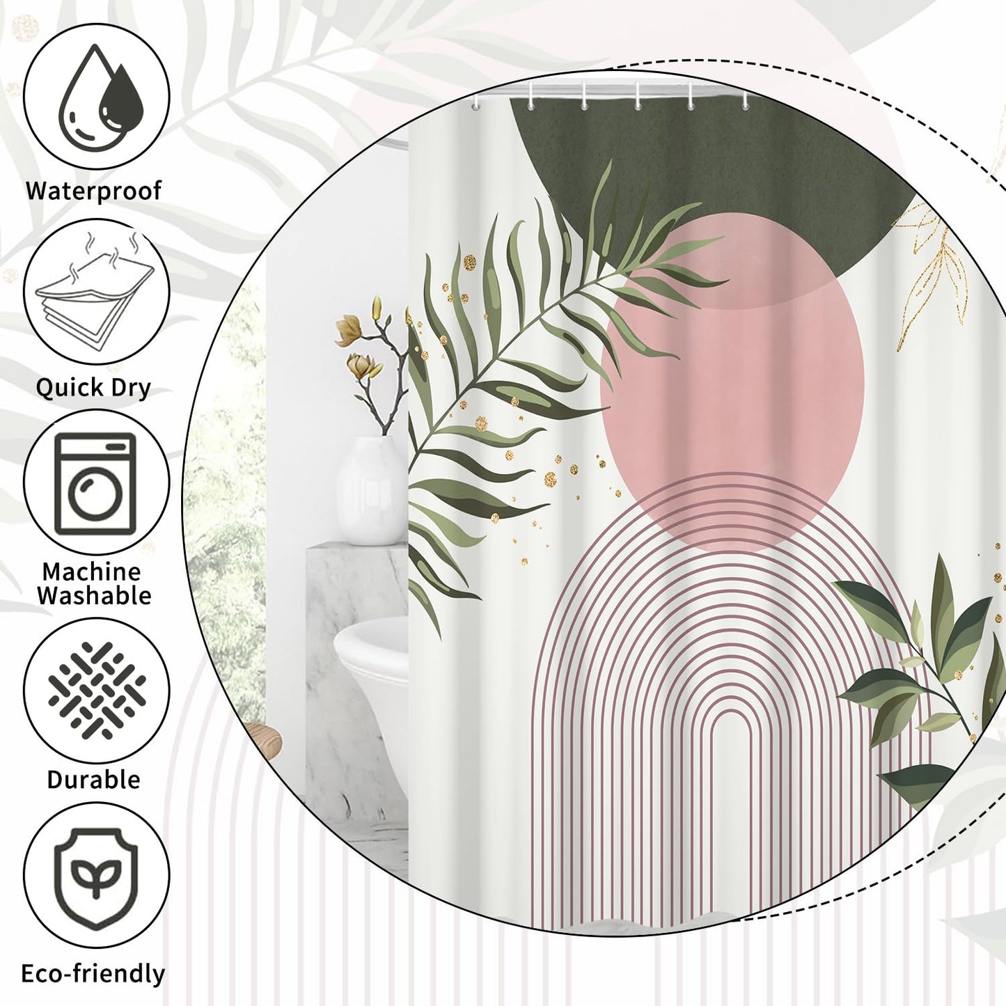 GCIREC Shower Curtain, 180x200cm, Sage Green Pink Boho Mid Century Modern Abstract with Minimalist Leaf Waterproof Fabric Machine Washable Bathroom