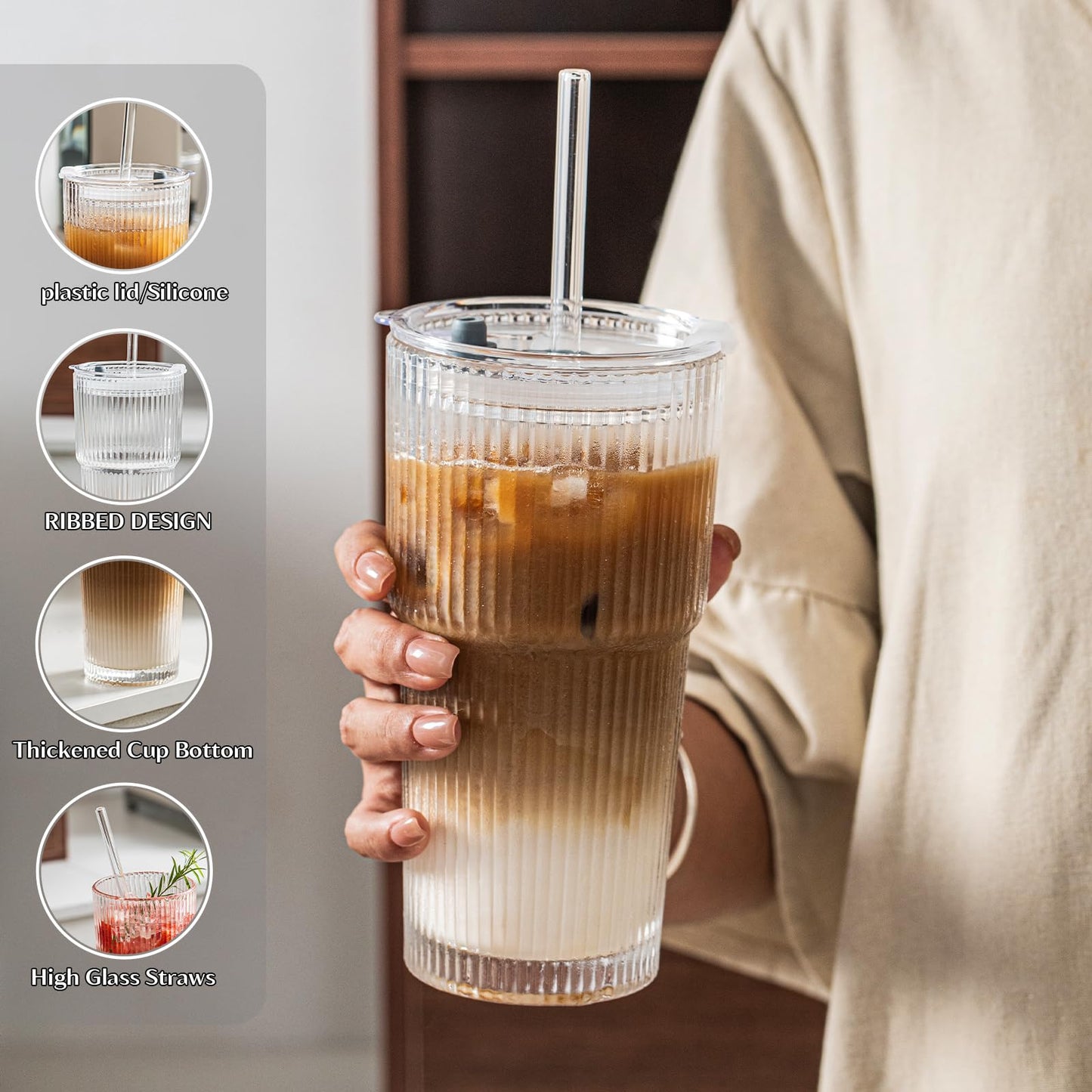 INSETLAN 600ml Ribbed Glass Tumblers with Lids and Glass Straws Set of 4, Leakproof Glass Cup with Straw and Lid, Thickened Glass, Ideal for Iced