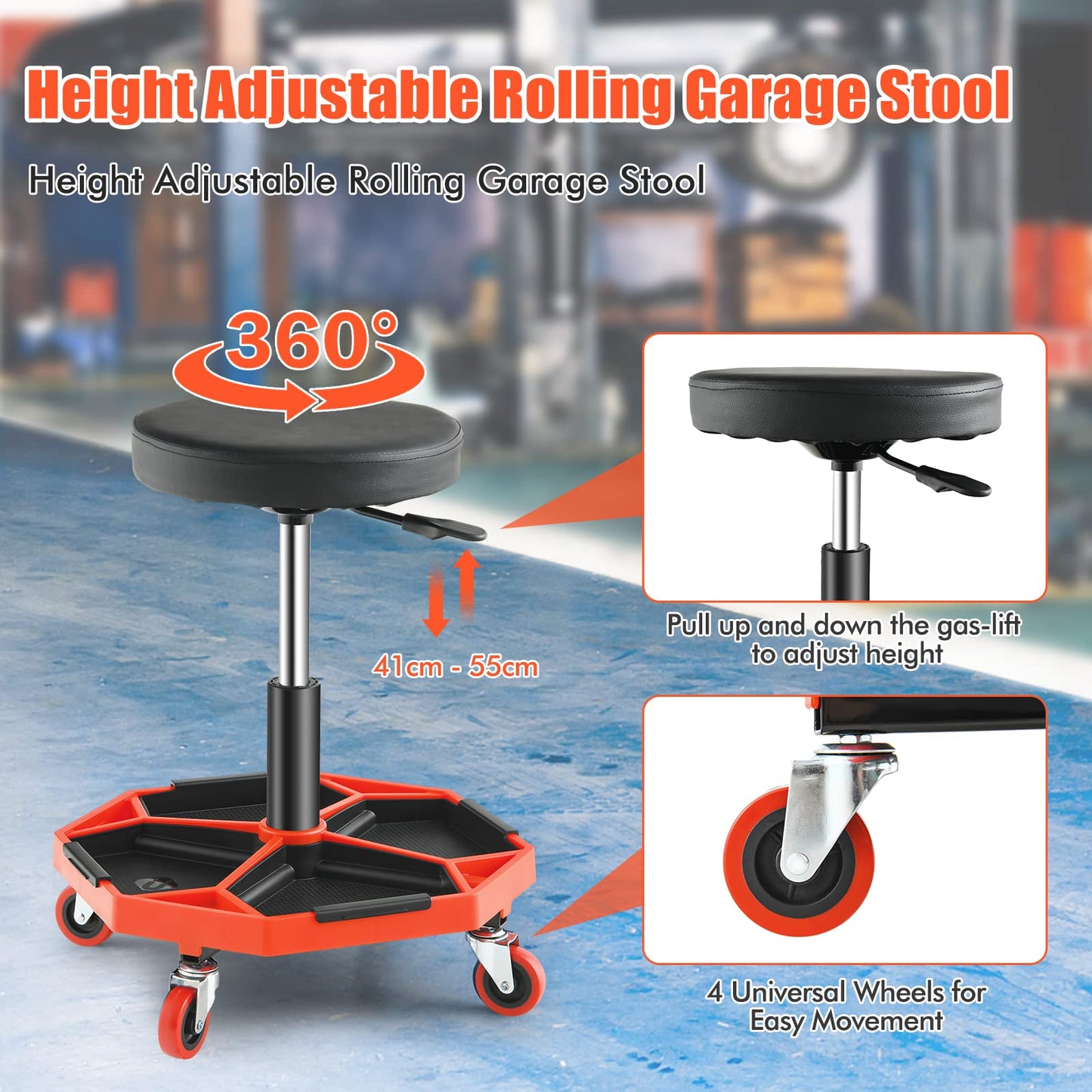 GiantexUK Pneumatic Rolling Mechanic Stool, Adjustable Roller Seat with Removable Tool Tray and 4 Universal Casters