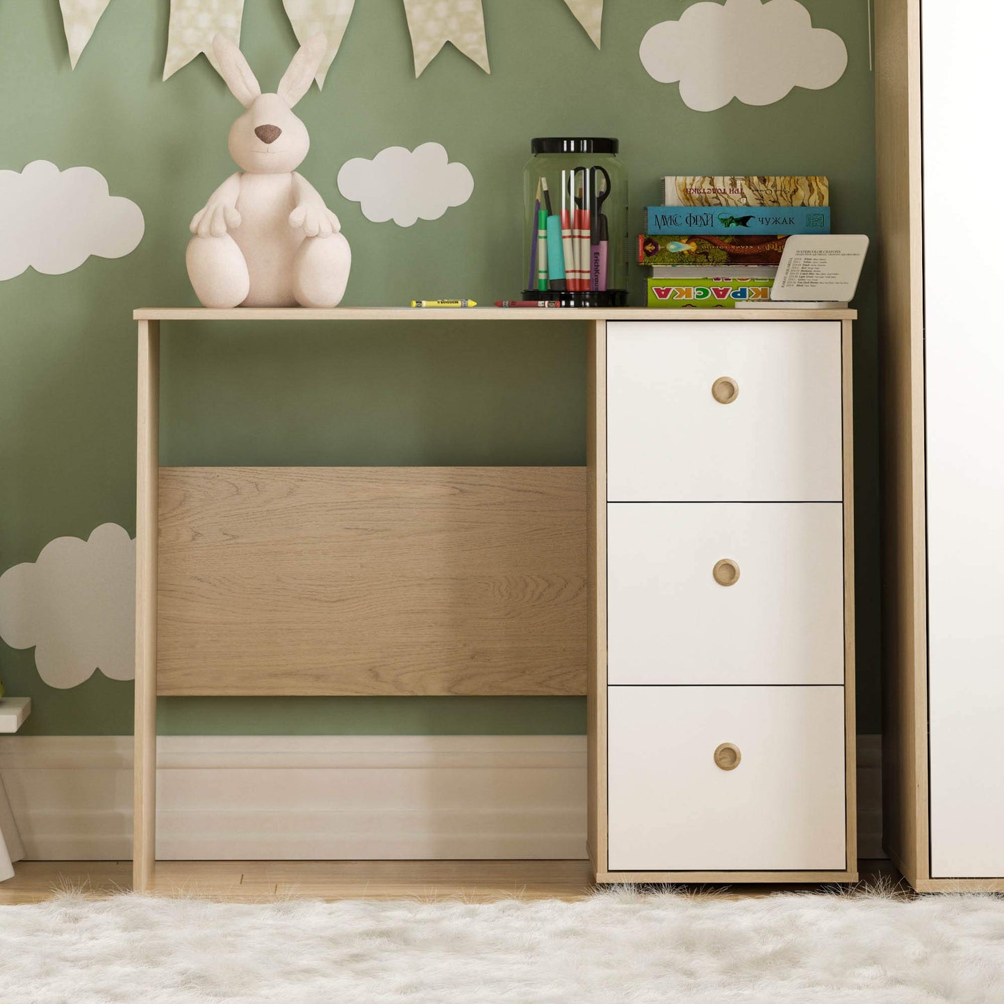 Junior Vida Neptune 3 Drawer Desk Computer Dressing Table PC/Laptop Home Study Workstation Children Kids Furniture (White & Oak)