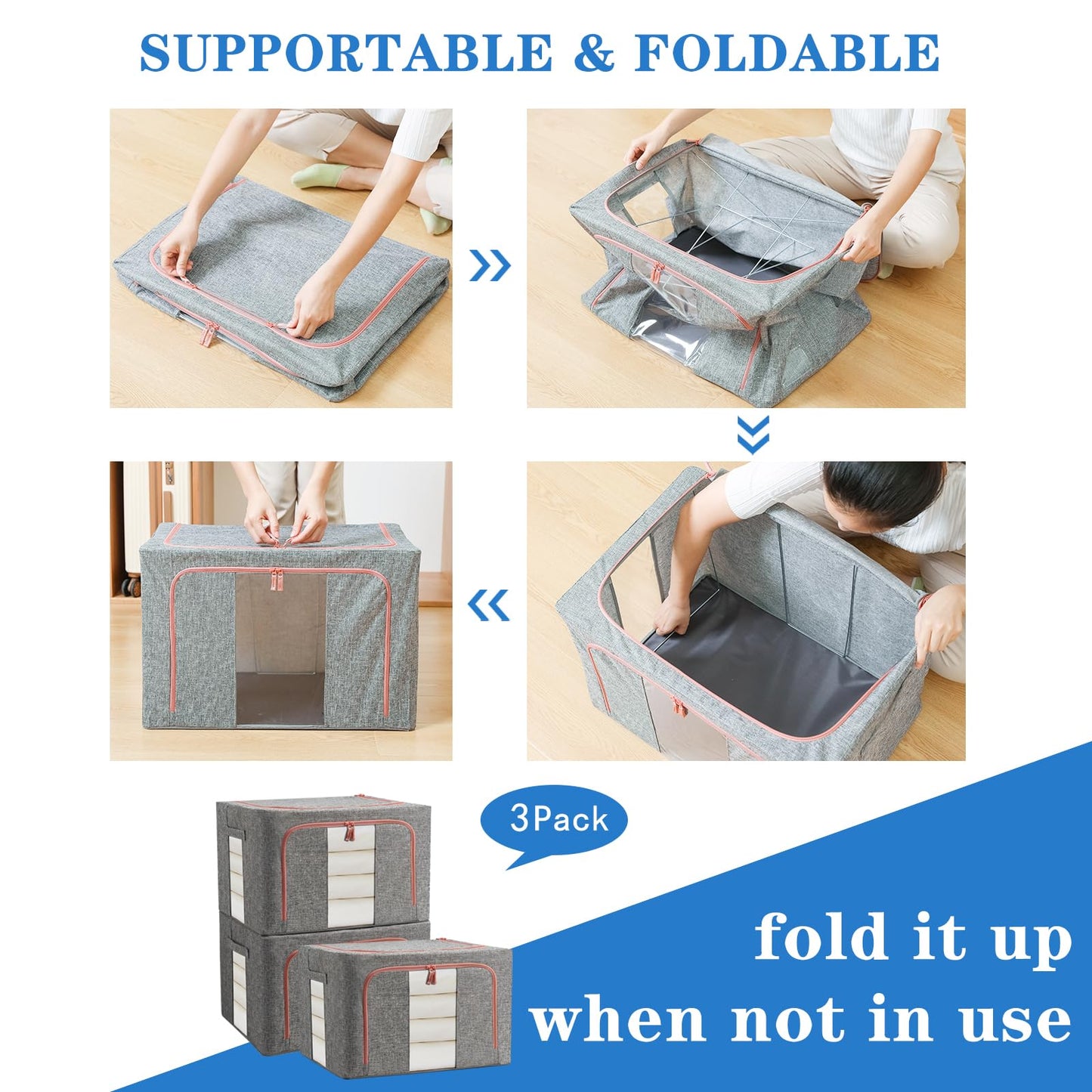 FUSACONY Clothes Storage Bag 3 Pack Storage Boxes with Lids, Foldable Oxford Cloth Steel Frame Box, Waterproof Wardrobe Storage Organiser for Clothes