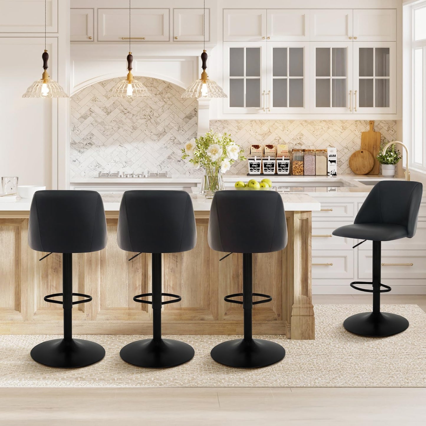 COLAMY Breakfast Bar Stools Set of 4, Modern Swivel Kitchen Stool, Adjustable Upholstered Barstools Counter Height with Square Open Back for Bar
