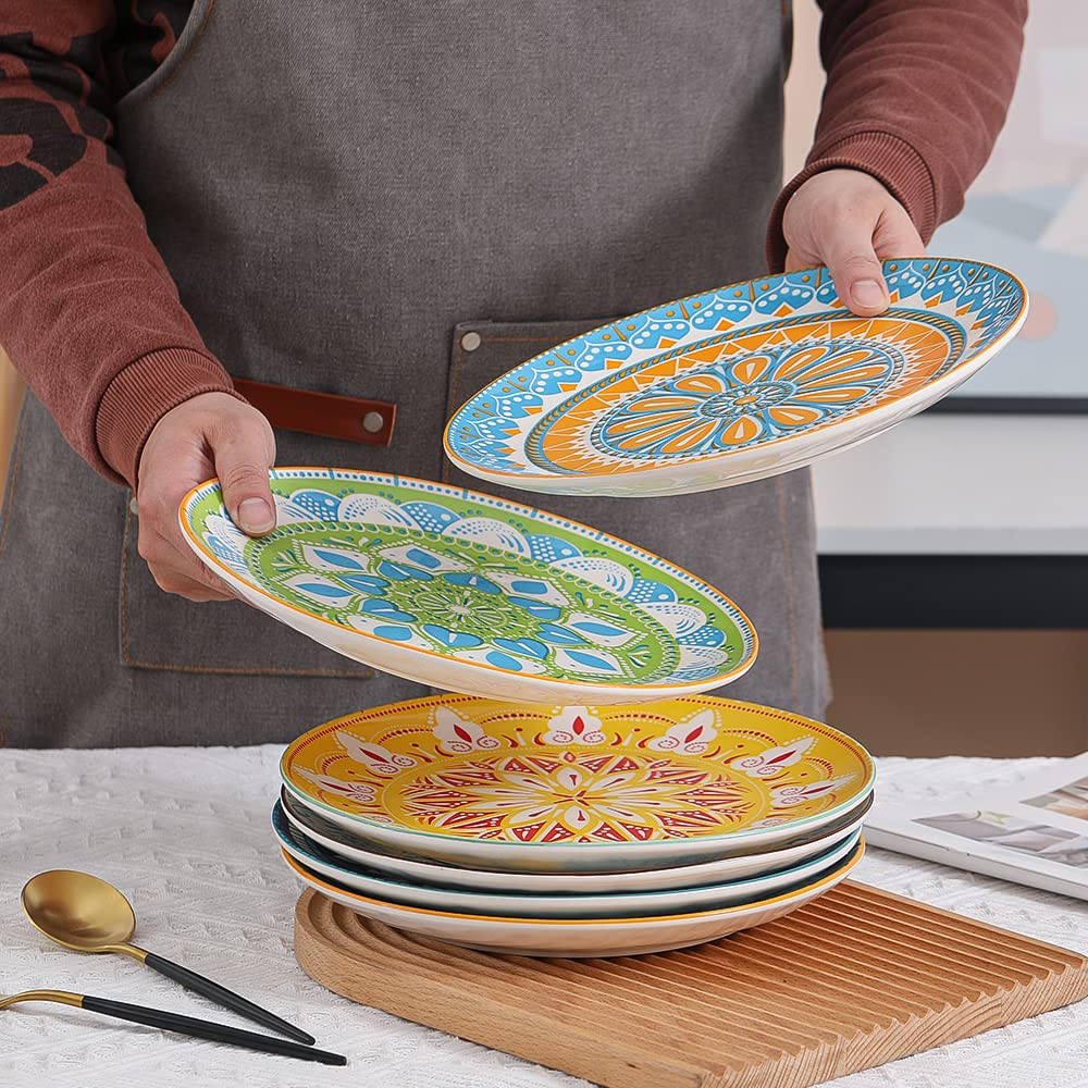 AHX Dinner Plates Set of 6-10 Inch Large Ceramic Plate for Salad, Pasta, Steak - Colorful Patterns - Dishwasher and Microwave Oven Safe