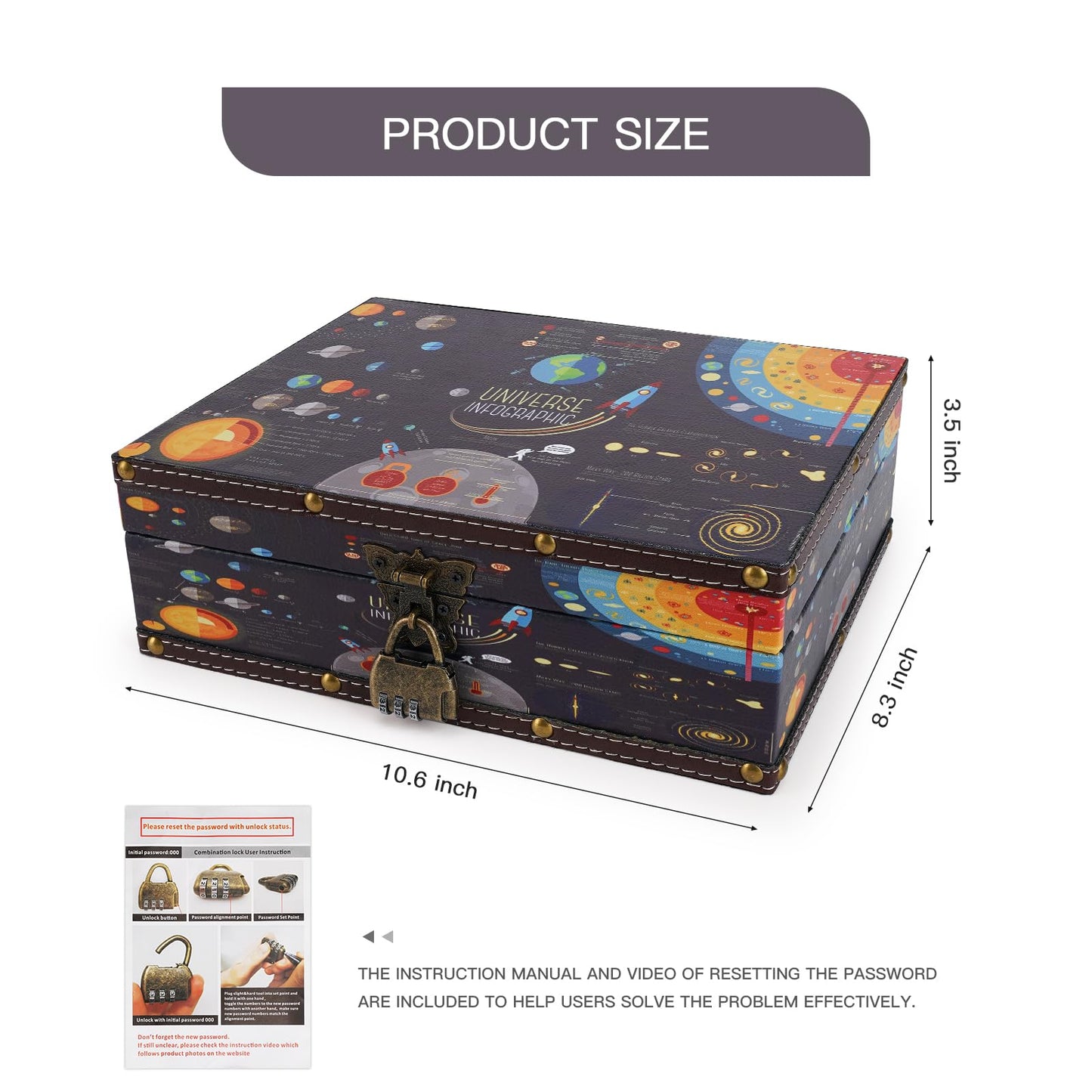 Wood and Leather Treasure Chest with Lid and Lock-Decorative Jewelry Keepsake Storage Box for Kids