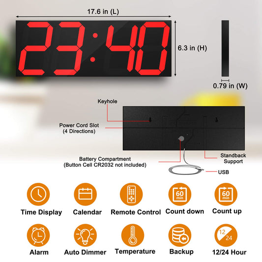 CHKOSDA Digital Wall Clock, Large Wall Clock with 6" Number, Led Wall Clock with Countdown Timer, Calendar, Thermometer, 12/24H, Adjustable