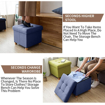 BRIAN & DANY Folding Ottoman Storage Box with Wood Legs, Linen Foot Stool, Footstool with Storage, Highly Elastic Sponge Filling, Navy Blue, 38 x 38 x
