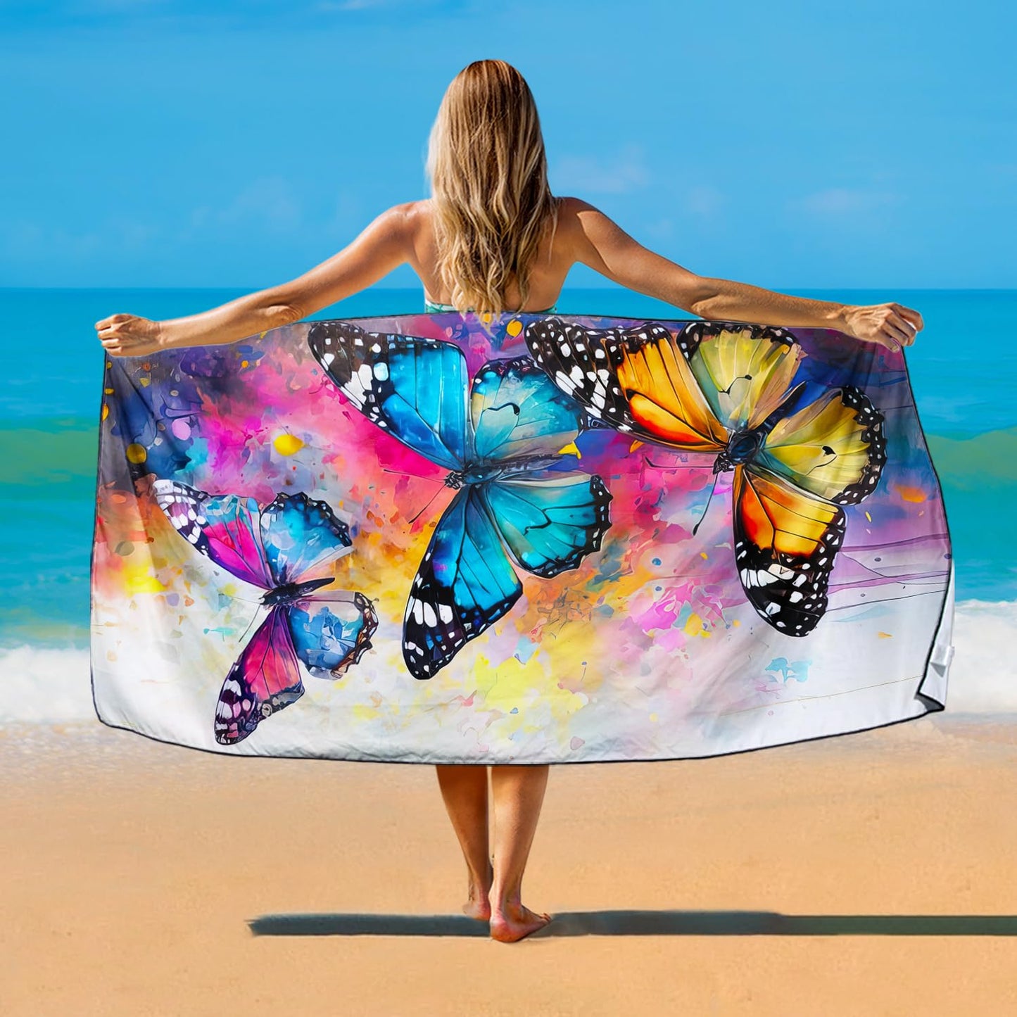 Violetpos Watercolor Butterfly Beach Towel, Extra Large 180x90 cm 250GSM Microfibre, Sand Free Quick Dry