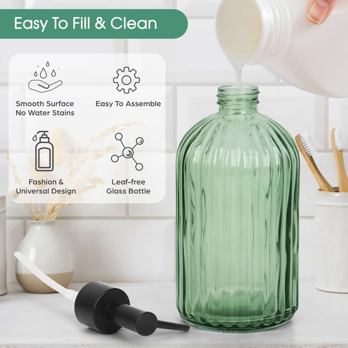 Topsky Glass Soap Dispenser with Black Plastic Pump, 400ml Army Green