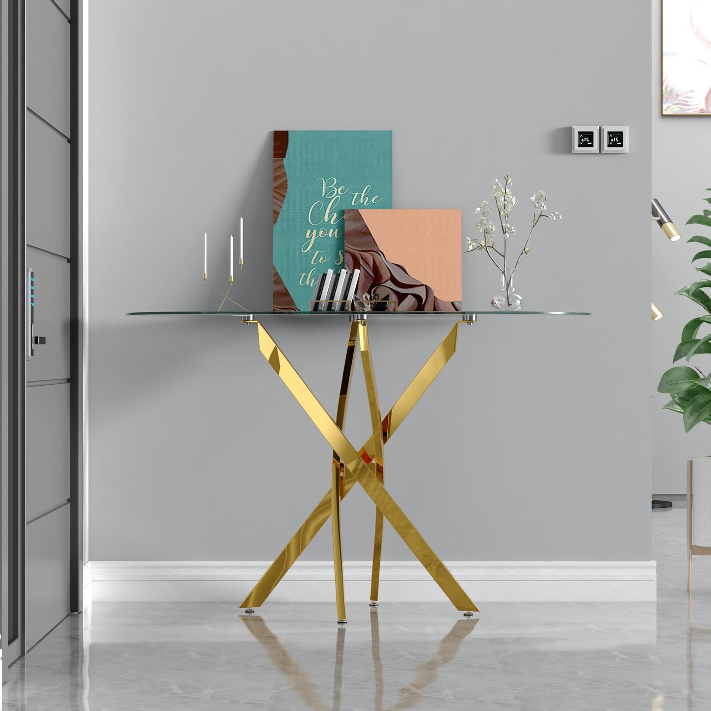 GOLDFAN Glass Console Table Modern Contemporary Style Hallway Table with Gold Tubular Legs Foyer Table for Entryway, Living Room, Office