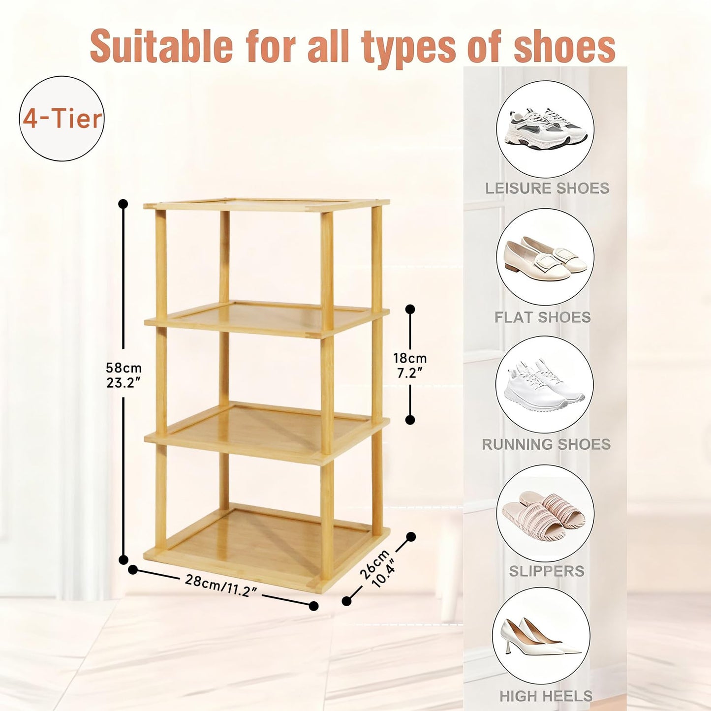 Aniston 4 Tier Small Shoe Rack Bamboo, Free Standing Slim Narrow Shoe Storage, Vertical Tall Shoe Shelf Organiser for Garage, Closet, Doorway, Corner