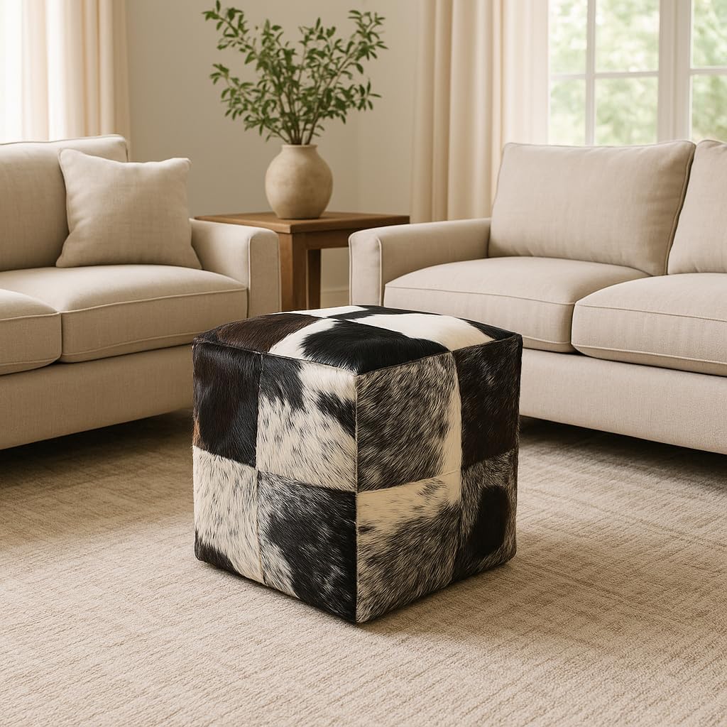 Heaven Hush Unstuffed Pouffe Cover Ottoman Handmade Hair-on Leather Pouf Cover only Genuine Cowhide Square Footrest Footstool Seat for Balcony Office