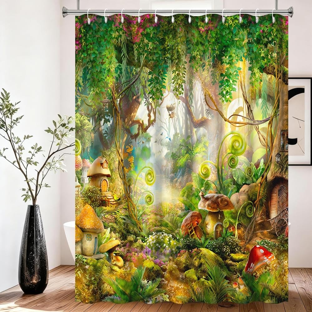 Xiaoterna Fairy Tale Forest Shower Curtain Mushroom Green Tree Grass Bathroom Curtain Spring Magic Enchanted Forest Fantastic Jungle Shower Curtain