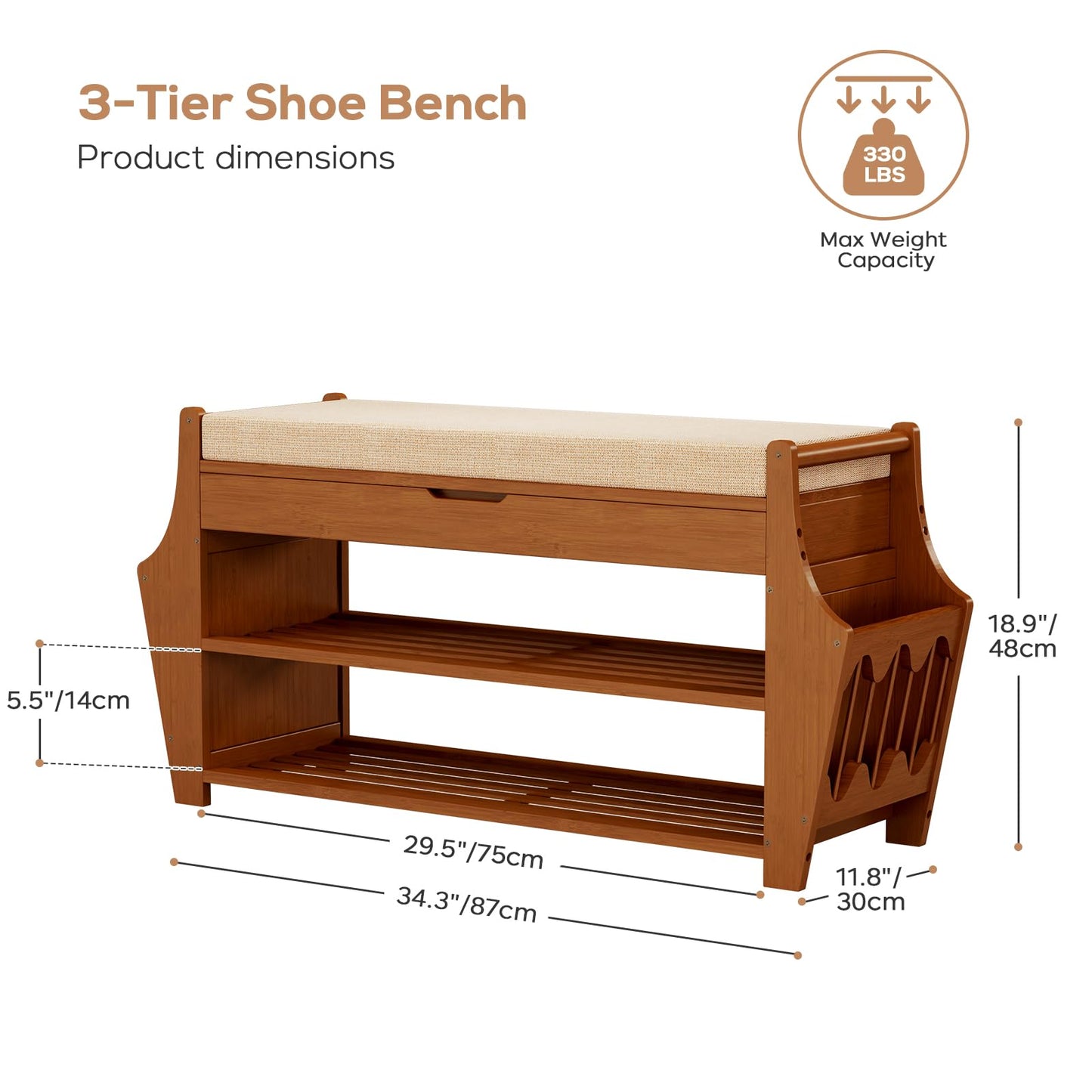 Shoe Bench 34.3in, Bamboo 3-Tier Entryway Bench with Storage, Shoe Rack