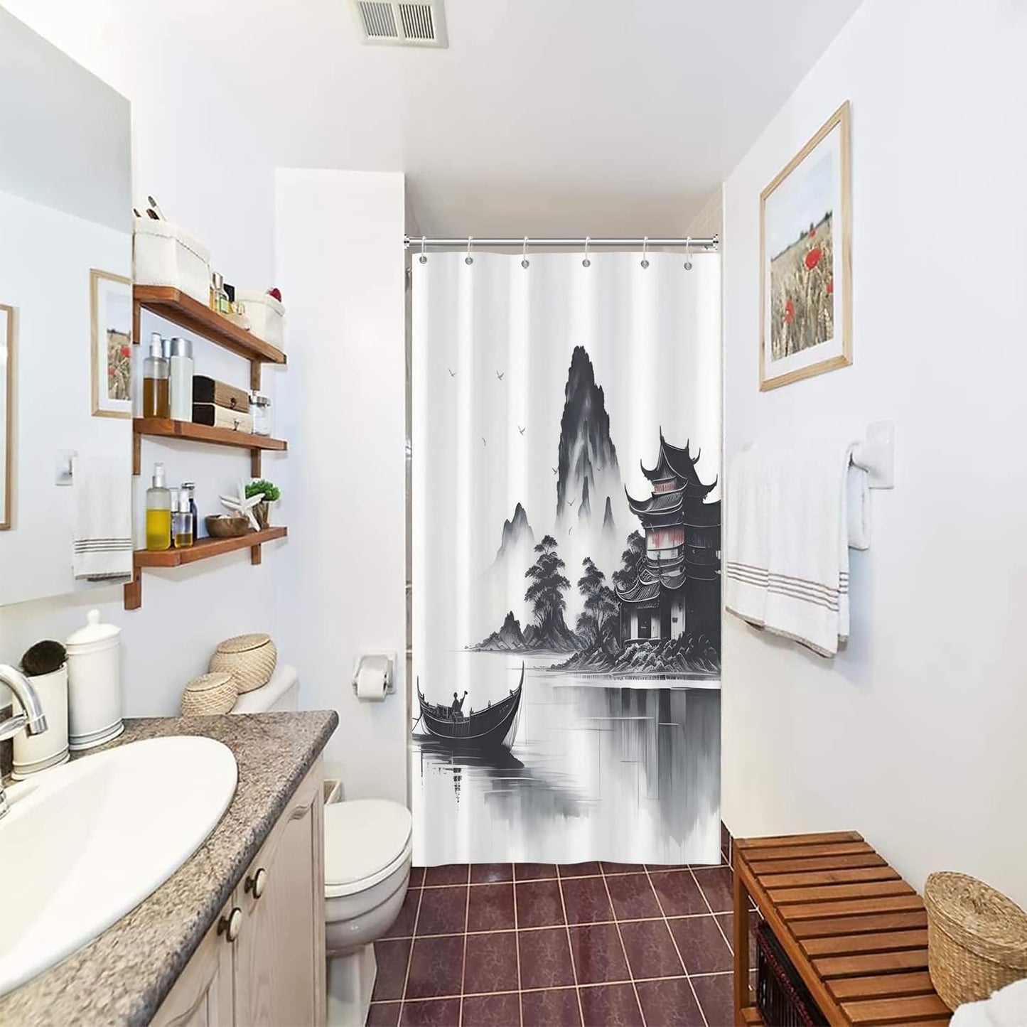 SDOTPMT 90x180cm Japanese Asian Ink Painting Shower Curtain Foggy Mountain Boat Wild Goose Bathtub Curtain Outdoor Natural Scenery Bath Curtain for