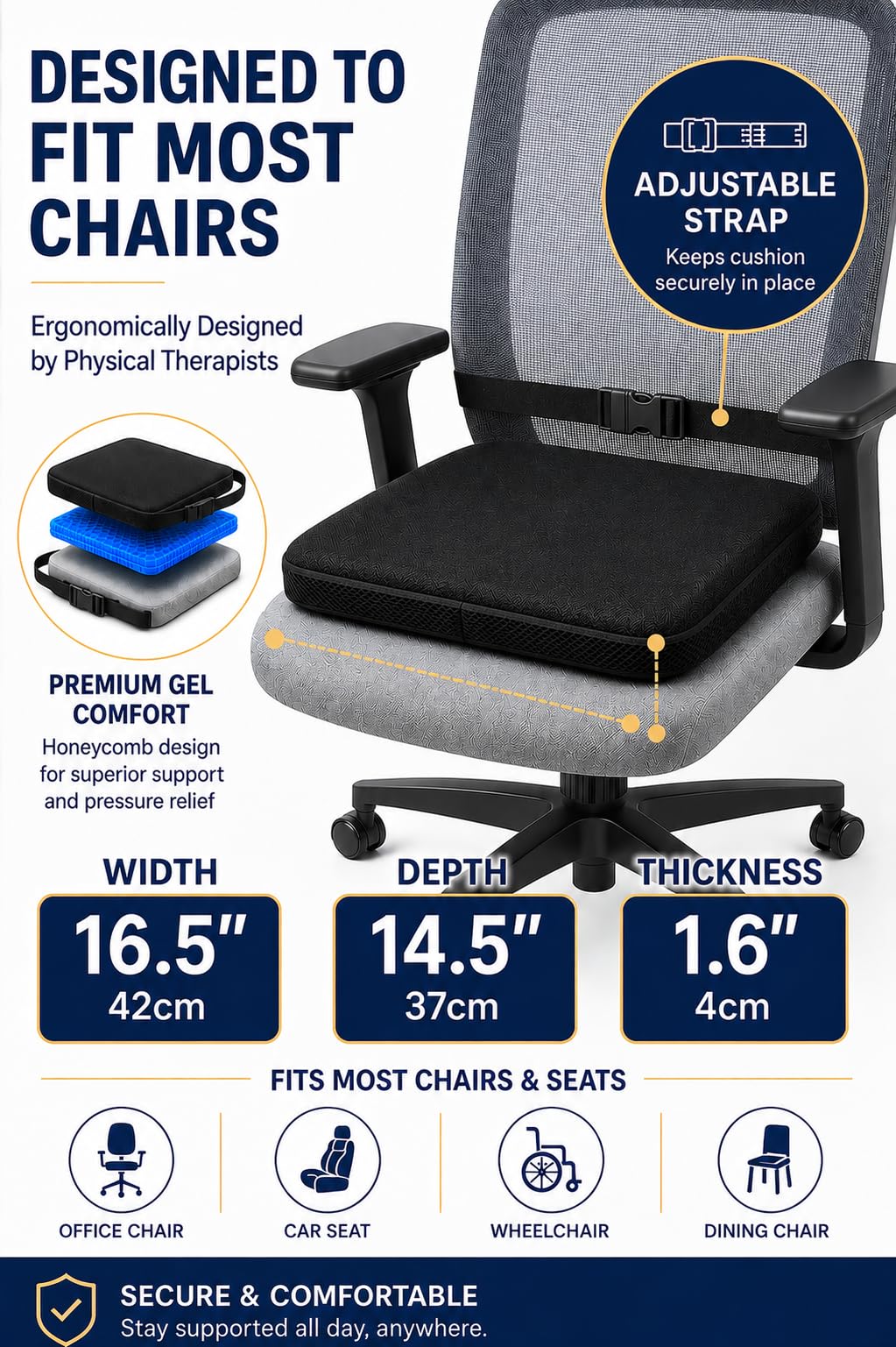 b.comfi® Gel Seat Cushion with 2 x Covers - Pressure Relief Cushion for Coccyx, Sciatica & Lower Back Pain - Office Chair