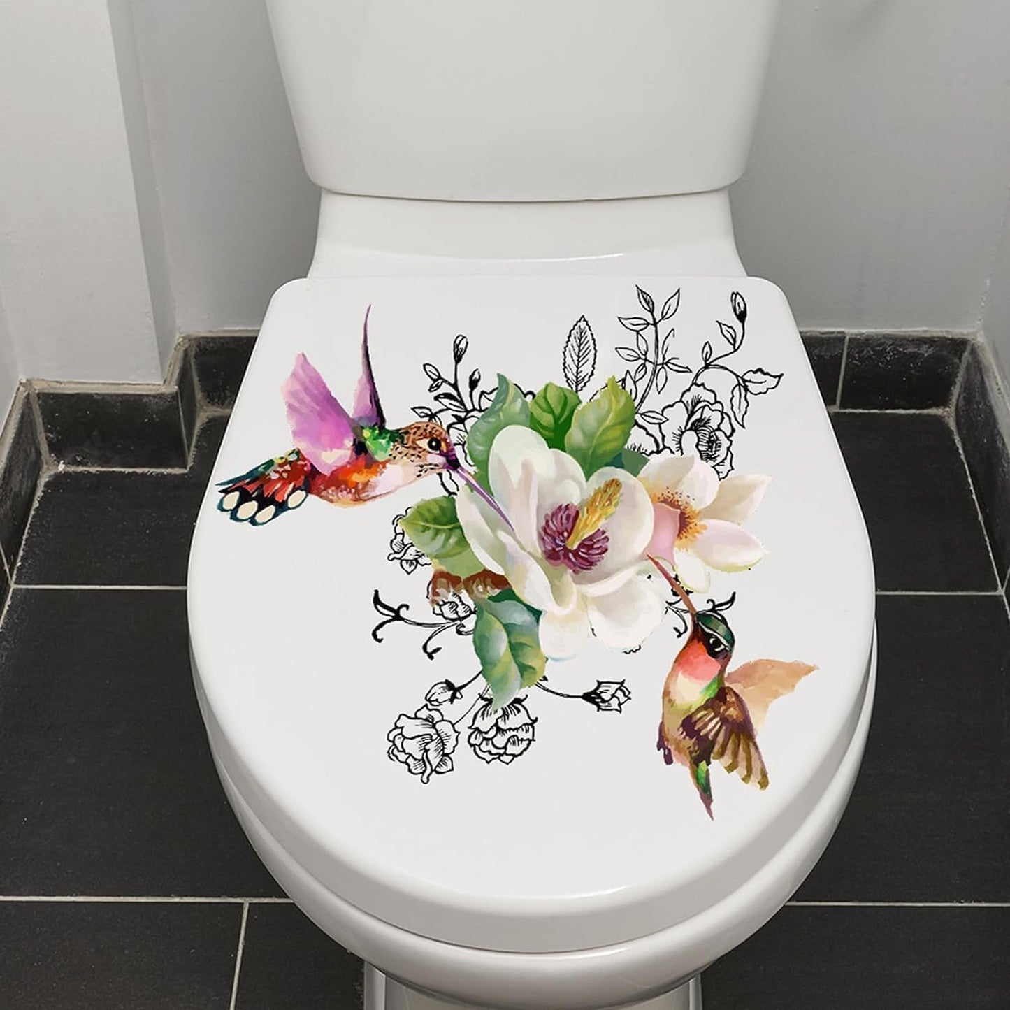 Birds Flowers Butterfly Toilet Seat Lid Stickers Self-Adhesive Bathroom Wall Sticker Toilet Seat Decals DIY Removable Waterproof Toilet Sticker for