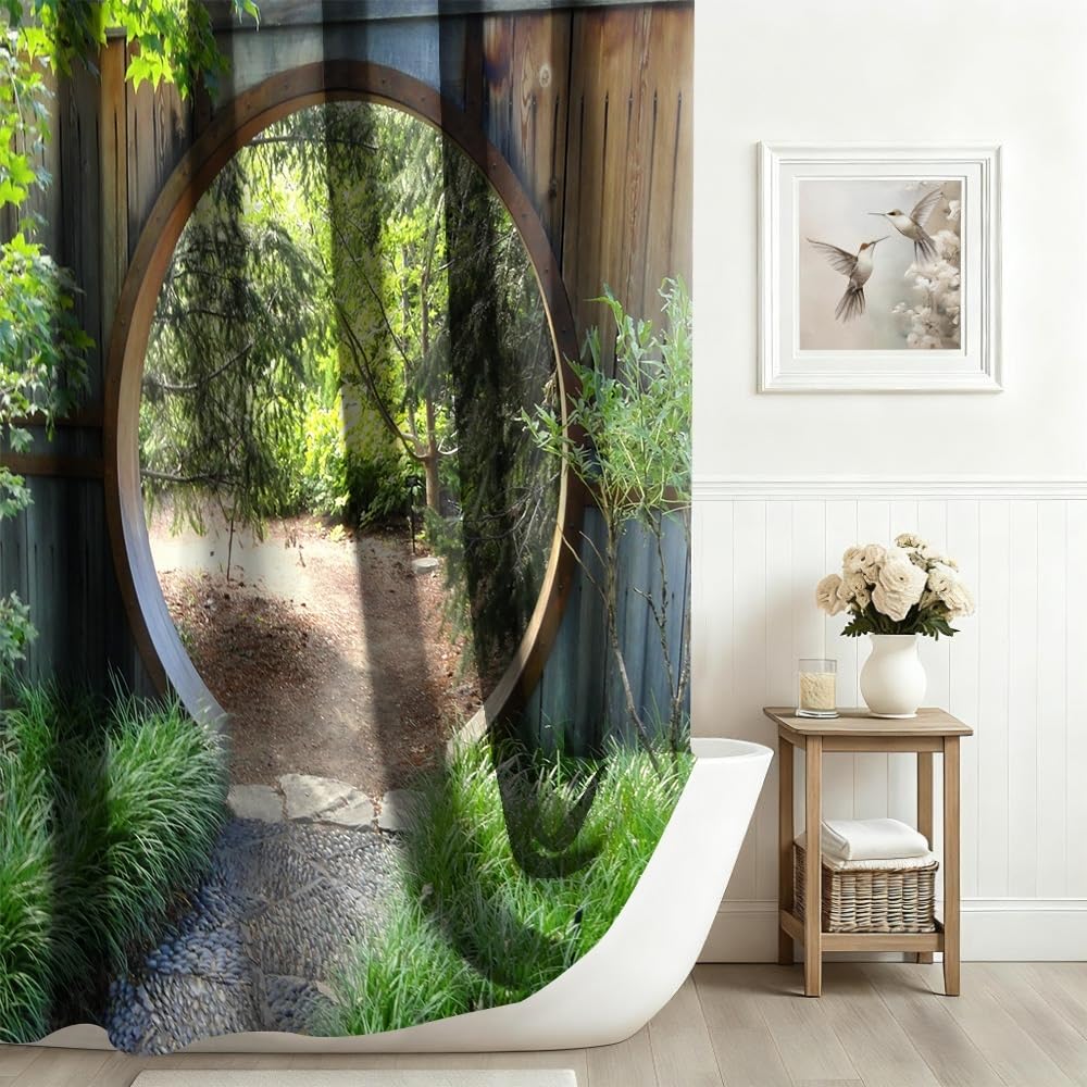 Xiaoterna Japanese Garden Shower Curtain 3D Spring Forest Nature Scenery Bathroom Curtain Circle Rustic Wooden Doorway Gate Green Plant Sunshine