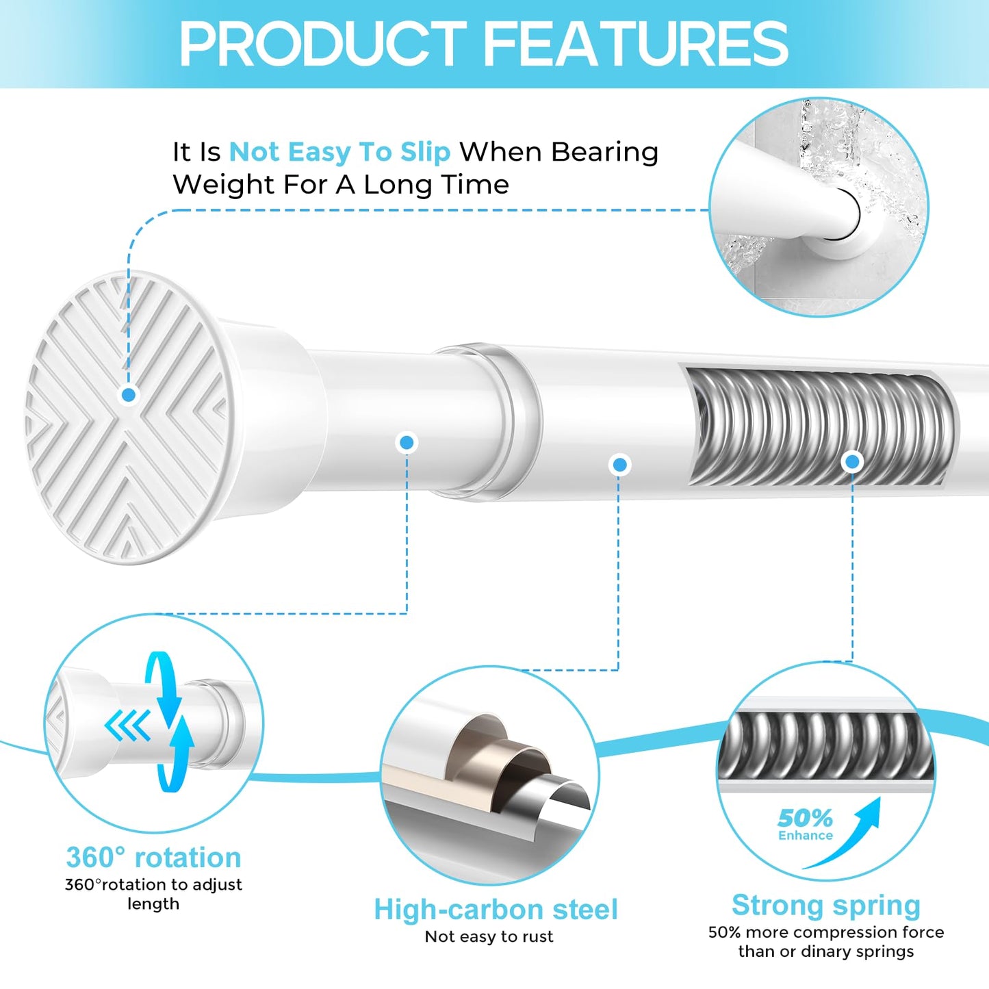 Zipglo Extendable Curtain Poles 59-120 cm, Tension Rods for Curtains Adjustable Shower Curtain Poles No Drilling Spring Loaded Curtain Rod Shower