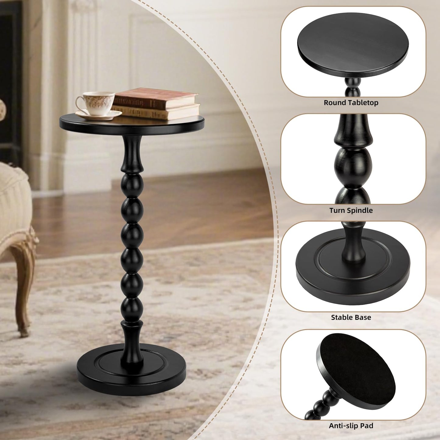 Lampaggio Round Side Table for Small Spaces, Drink Table with Oak Wood Pedestal, Modern End Table Nightstand for Living Room, Bedroom, Office