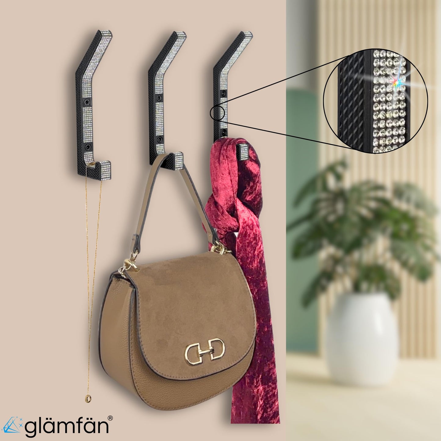 3 Coat Hooks with Rhinestones - Luxury Wall Hooks in Glamour Design - Black/Silver - Decoration and Coat Hooks for Hallway, Bedroom and Dressing