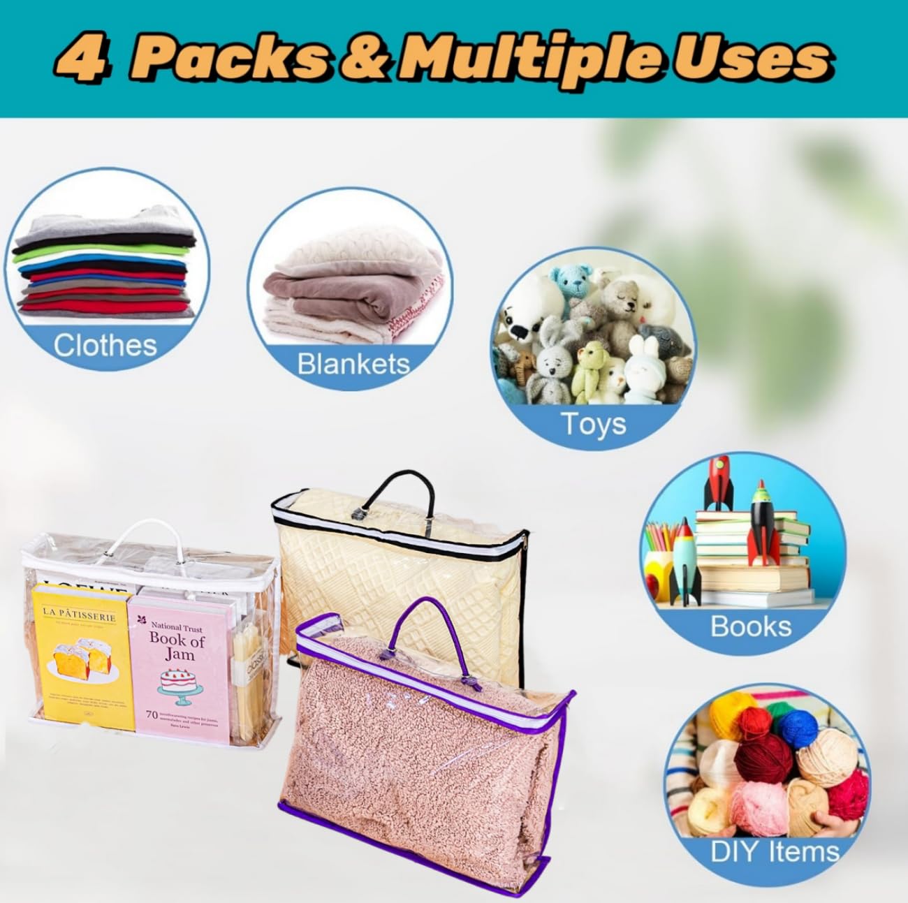 Clear Clothes Storage Bag,Clear Zippered Storage Bags,Wardrobe Storage Organizer Moving Bags with Reinforced Handle for Loft Wardrobe for Bedding