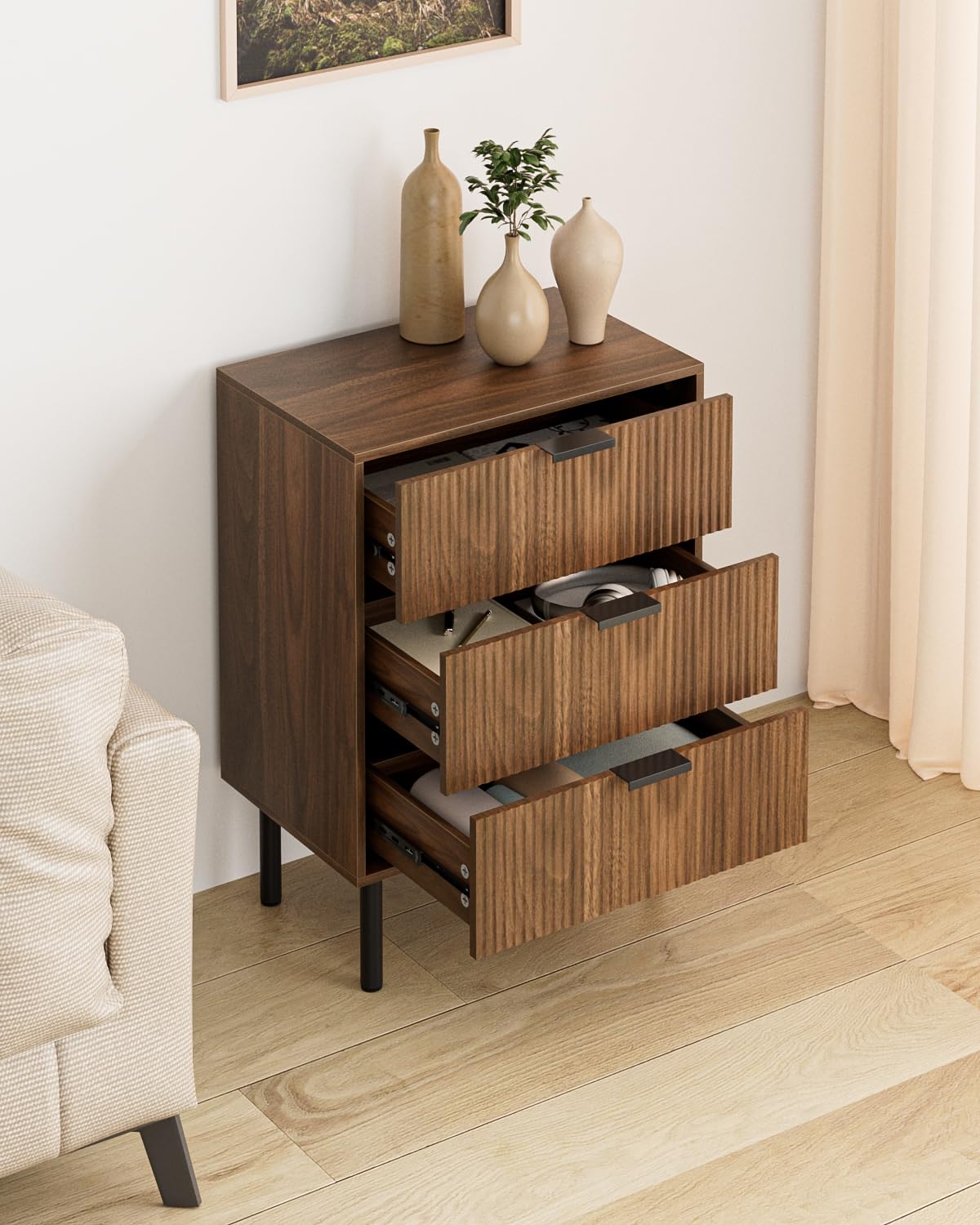 Apetaccat Bedside Table with 3 Drawers, Modern Bedside Cabniet with Metal Legs, Fluted Nightstand, Side Table for Bedroom, Living Room, Office, Walnut
