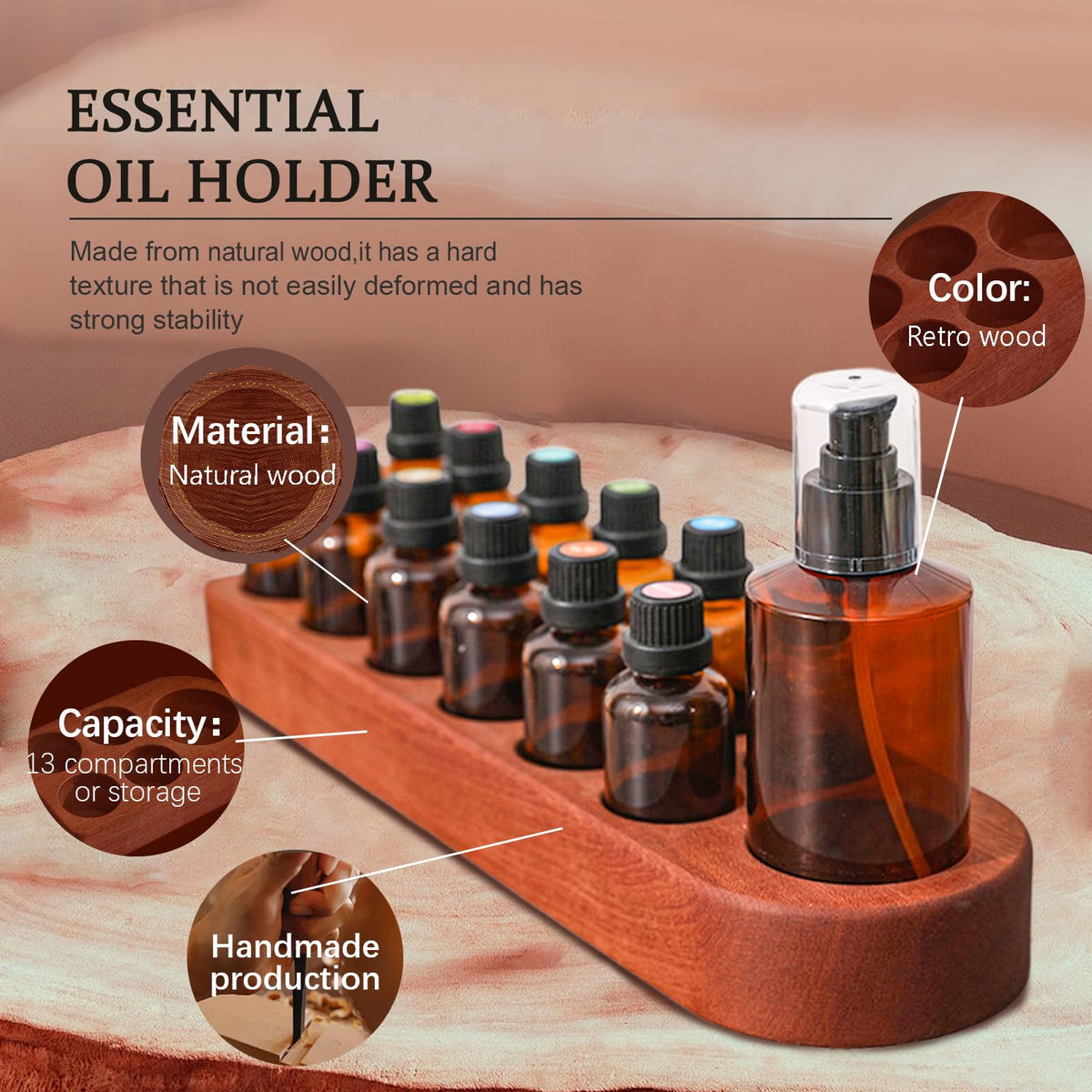 Wisnewth Wooden Essential Oil Holder with 13 Holes 3cmx12 & 5cmx1, Retro Desktop Display Rack for Bathroom Vanity Desk Organizer
