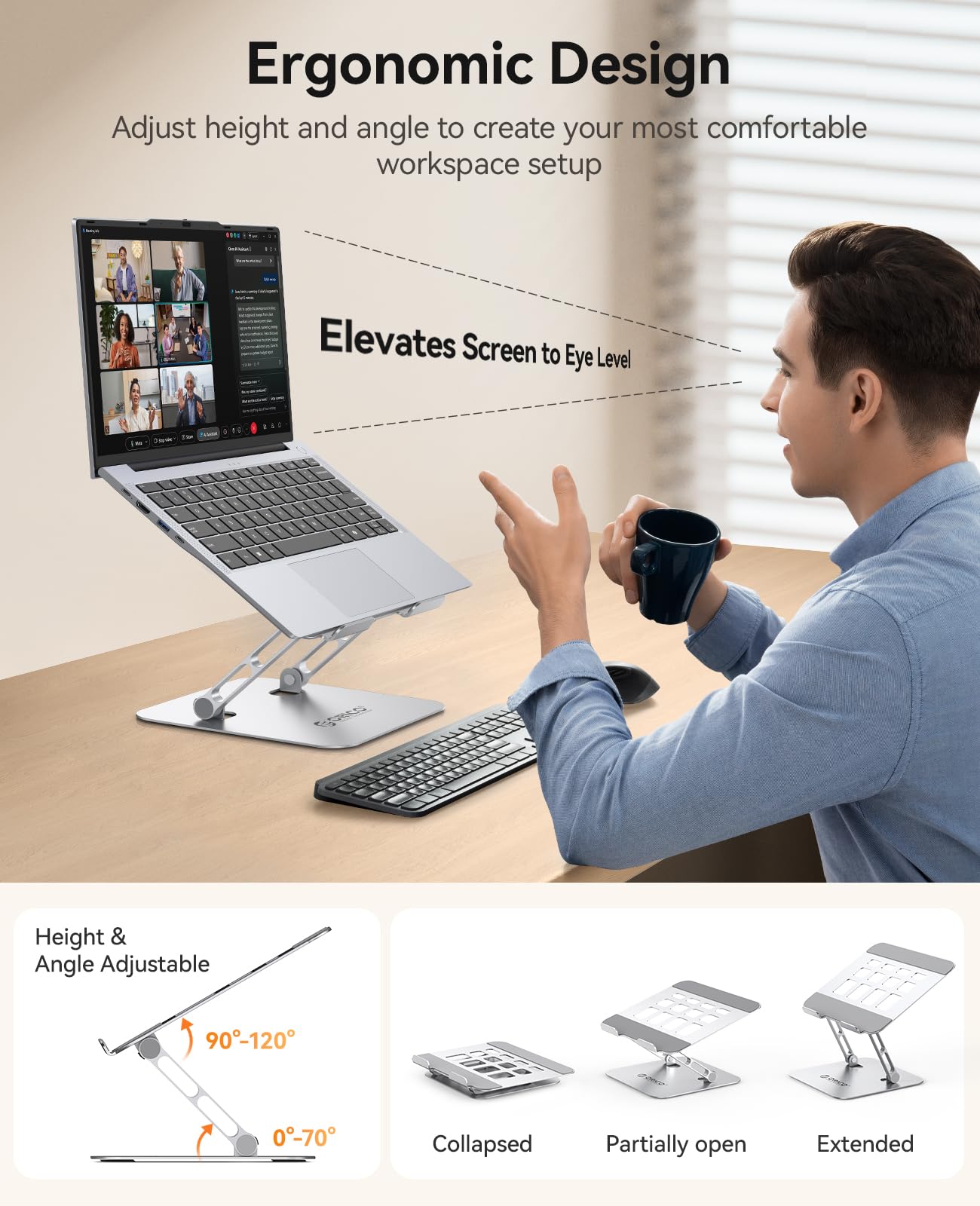 ORICO Ergonomic Laptop Stand for Desk, Height Adjustable Aluminum Alloy Laptop Riser, Foldable Computer Holder Compatible with MacBook, Dell XPS