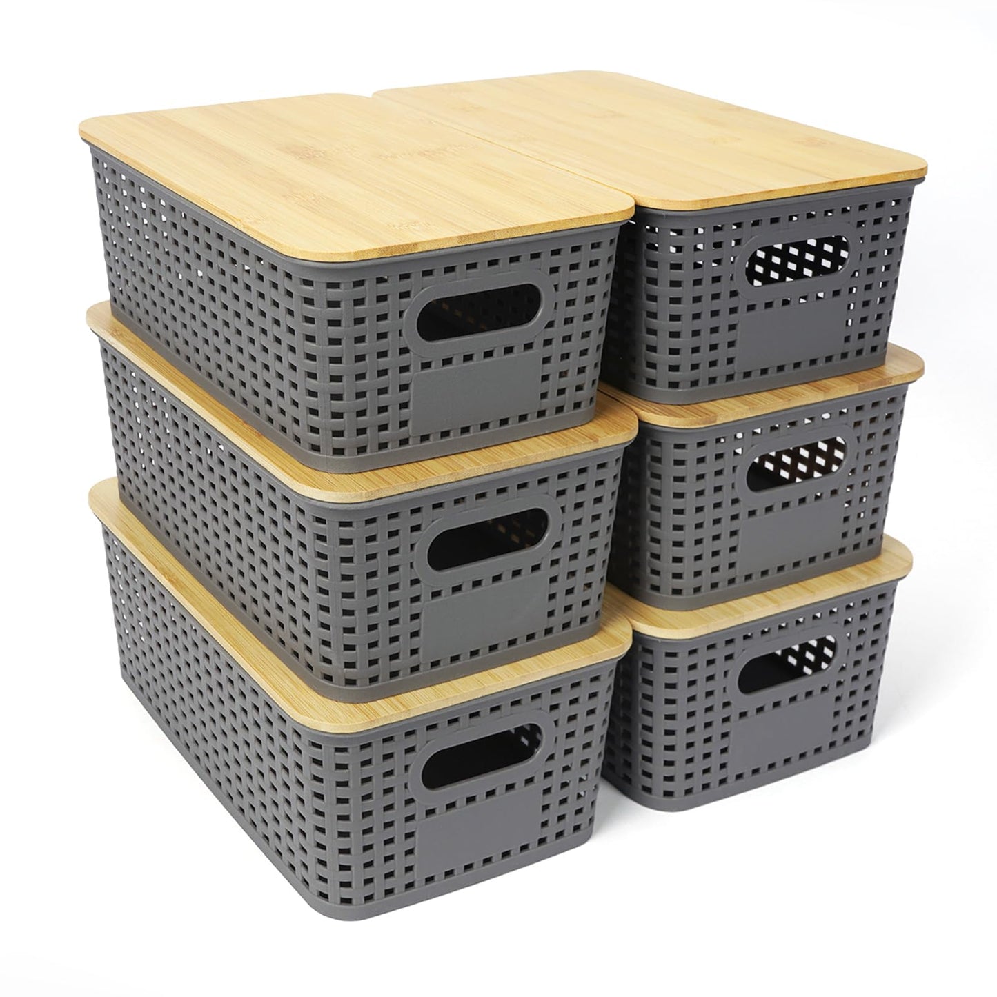 UHAPEER 6 Pack Stackable Plastic Storage Baskets with Bamboo Lid