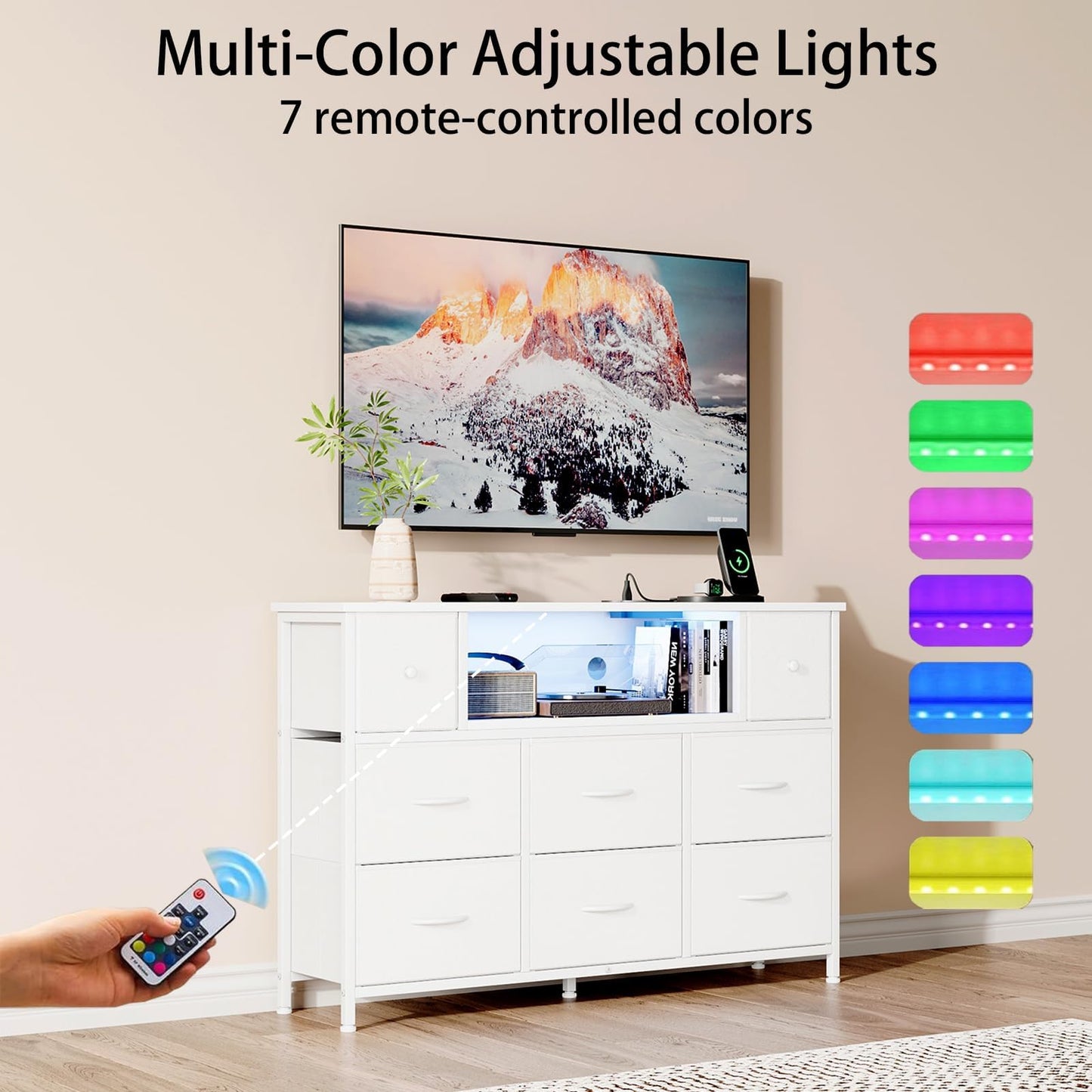 Flrrtenv Chest of Drawers, 8 Fabric Drawers Cabinet, 120CM TV Stand with Power Outlets and LED Lights for 55'' TV, for Bedroom Living Room & Entryway