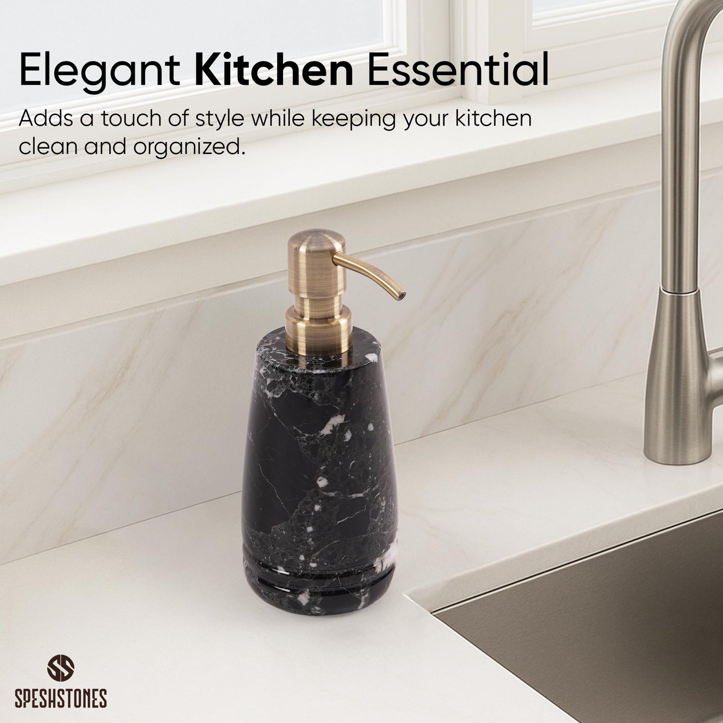 SPESHSTONES Marble Soap Dispenser 7.5 inches Black for Liquid Hand and Dish Soap for Kitchen Sink - Container for Sanitizer, Lotion
