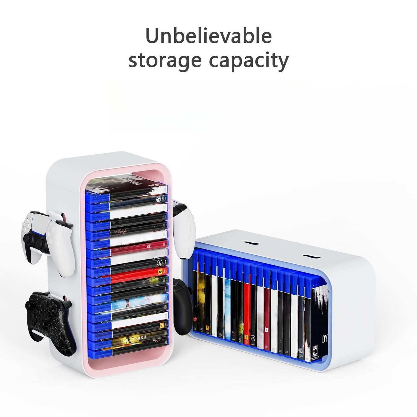 wigmoa OYO-1【40CM】 Storage Tower Compatible with PS5/ Xbox Series S & X/Switch, Universal Video Games Discs Organizer 18 PCS with 4 Controllers