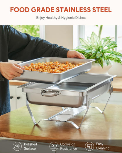 WILPREP Chafing Dish Buffet Set, 2 Pack 9L Chafers for Catering with 2 Full & 4 Half Size Pans Lids Foldable Frames Fuel Holders, Stainless Steel Food