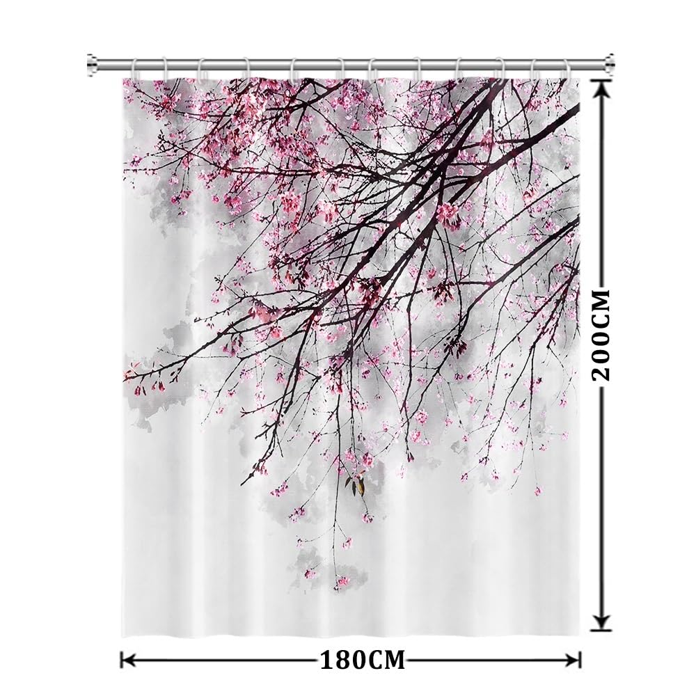 Xiaoterna Spring Shower Curtain Cherry Blossom Shower Curtain Red Plum Floral Bathroom Curtain Chinese Oriental Ink Painting Floral Shower Curtain