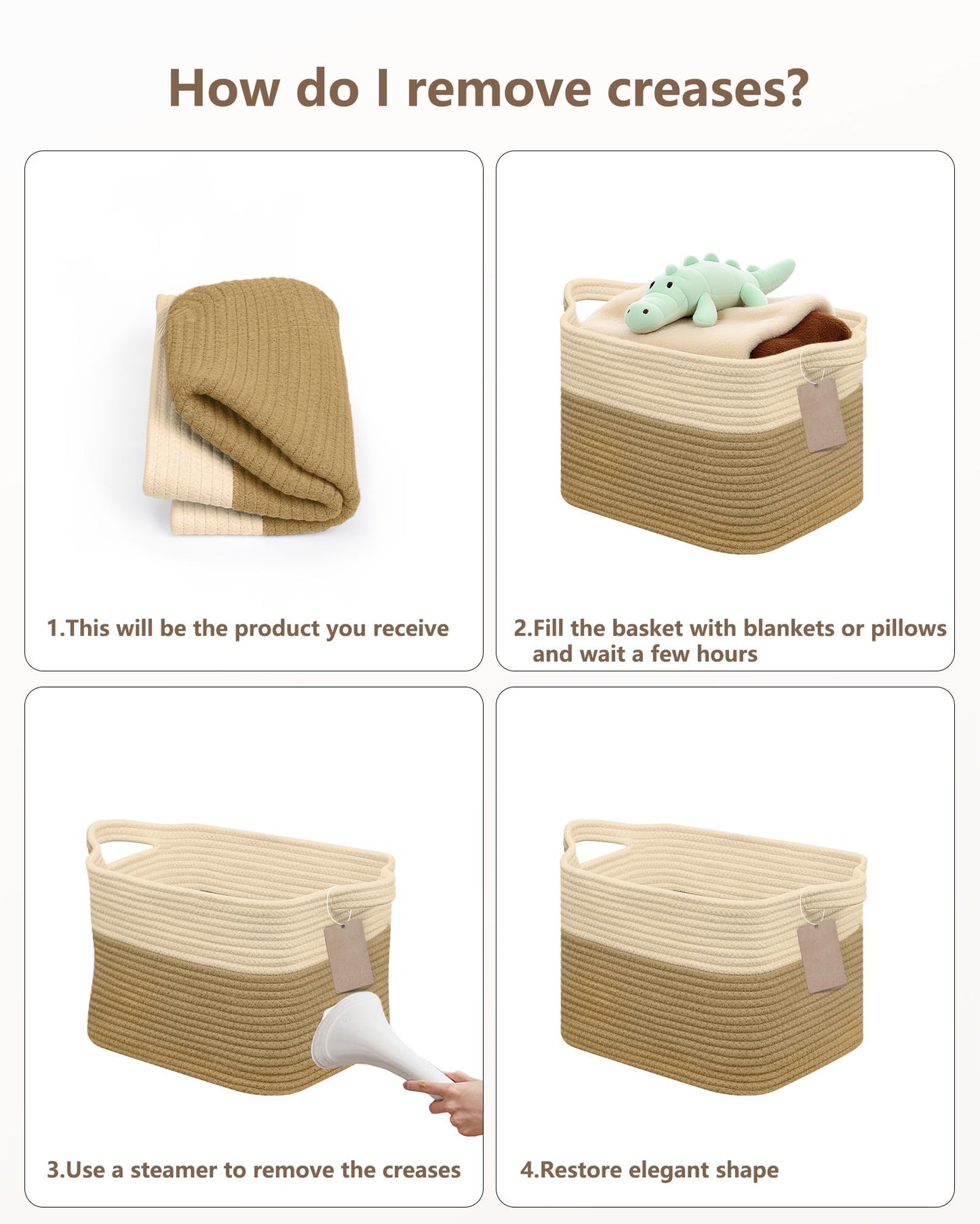 JOJOSEE Small Cotton Woven Storage Basket for Shelves, Beige&Brown, 3PCS