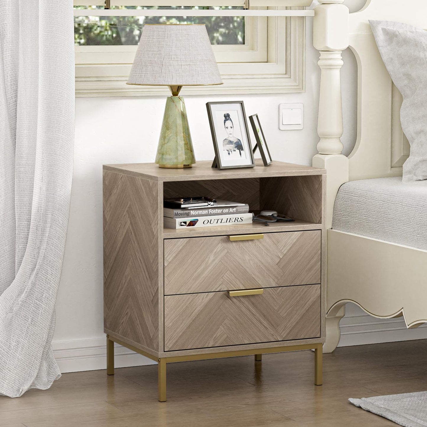 Skokliz Bedside Table with2 Drawers and Storage Shelf, Nigntstand for Bedroom, Wood End Table for Living Room, Small spaces, oak