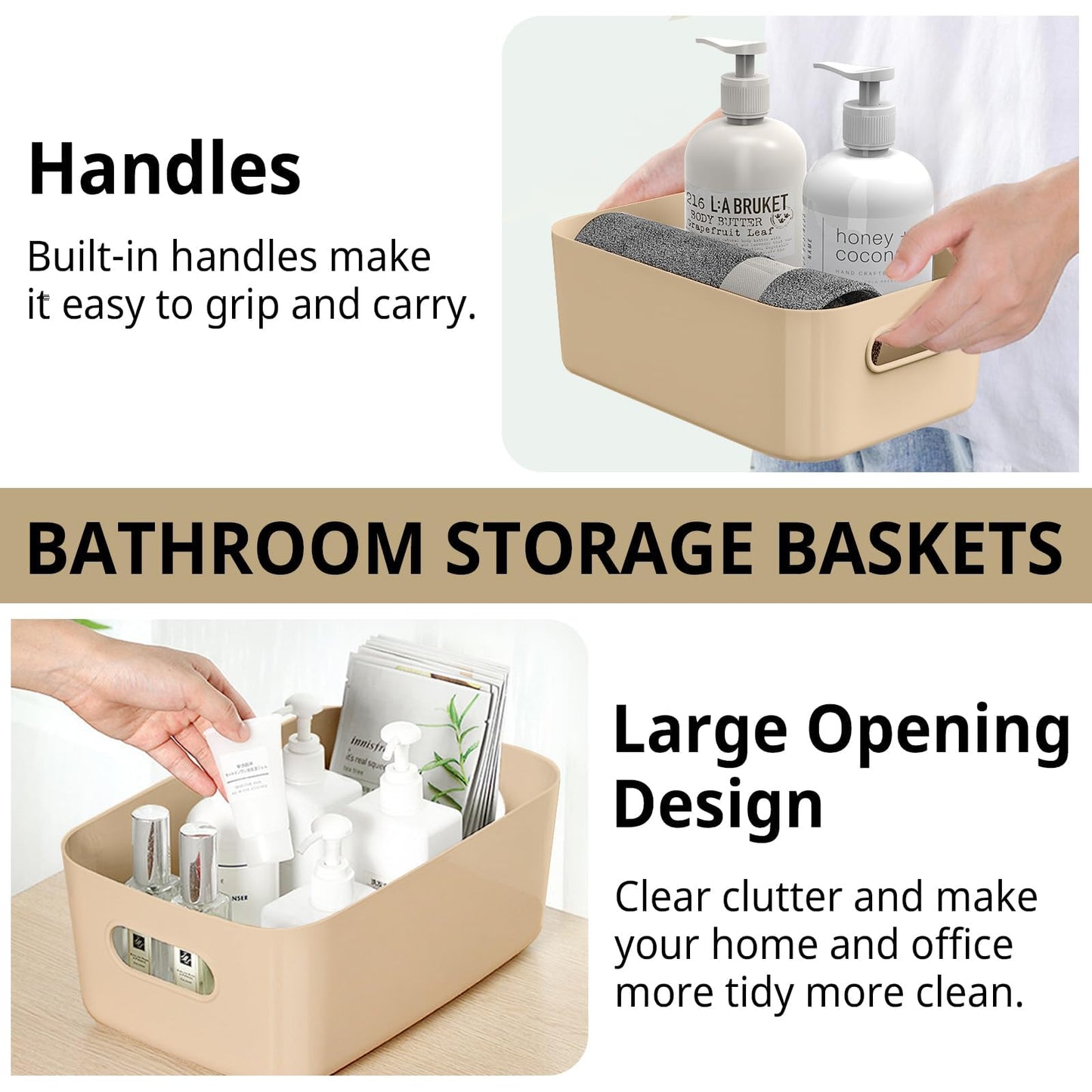 W&H 5 PCS Plastic Storage Boxes, Small Storage Baskets with Handle, Kitchen Cupboard Organiser, Plastic Baskets for Bathroom, Drawer, Shelves