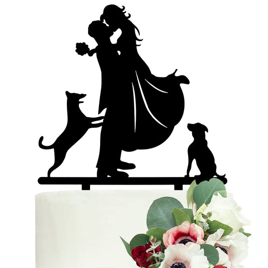 LOVENJOY Dogs Wedding Cake Topper Bride and Groom with 2 Dogs, Gift Boxed