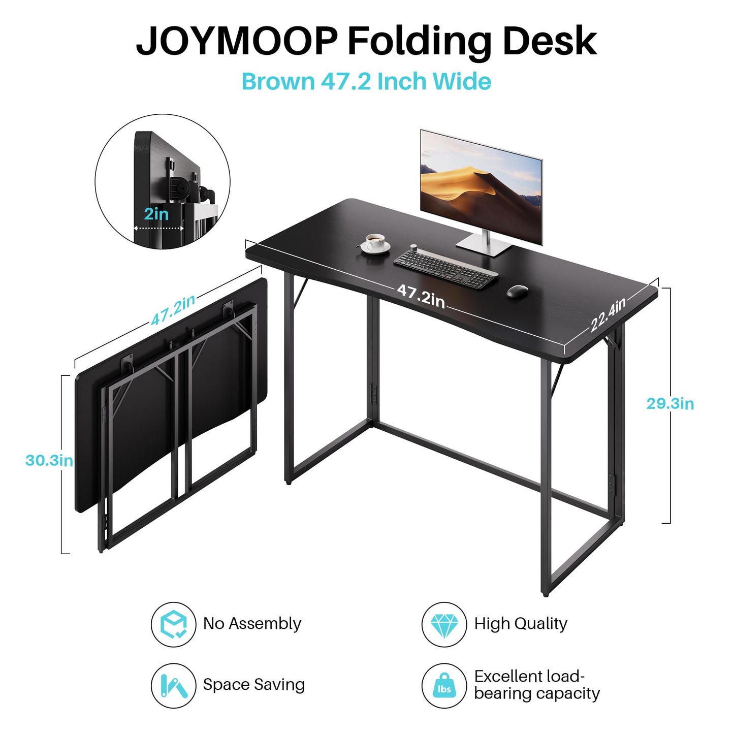 JOYMOOP Black 47.2" Folding Desk, No Assembly Small Foldable Desk for Home, Office, Wooden Top Folding Computer Desk for Working, Writing, Studying