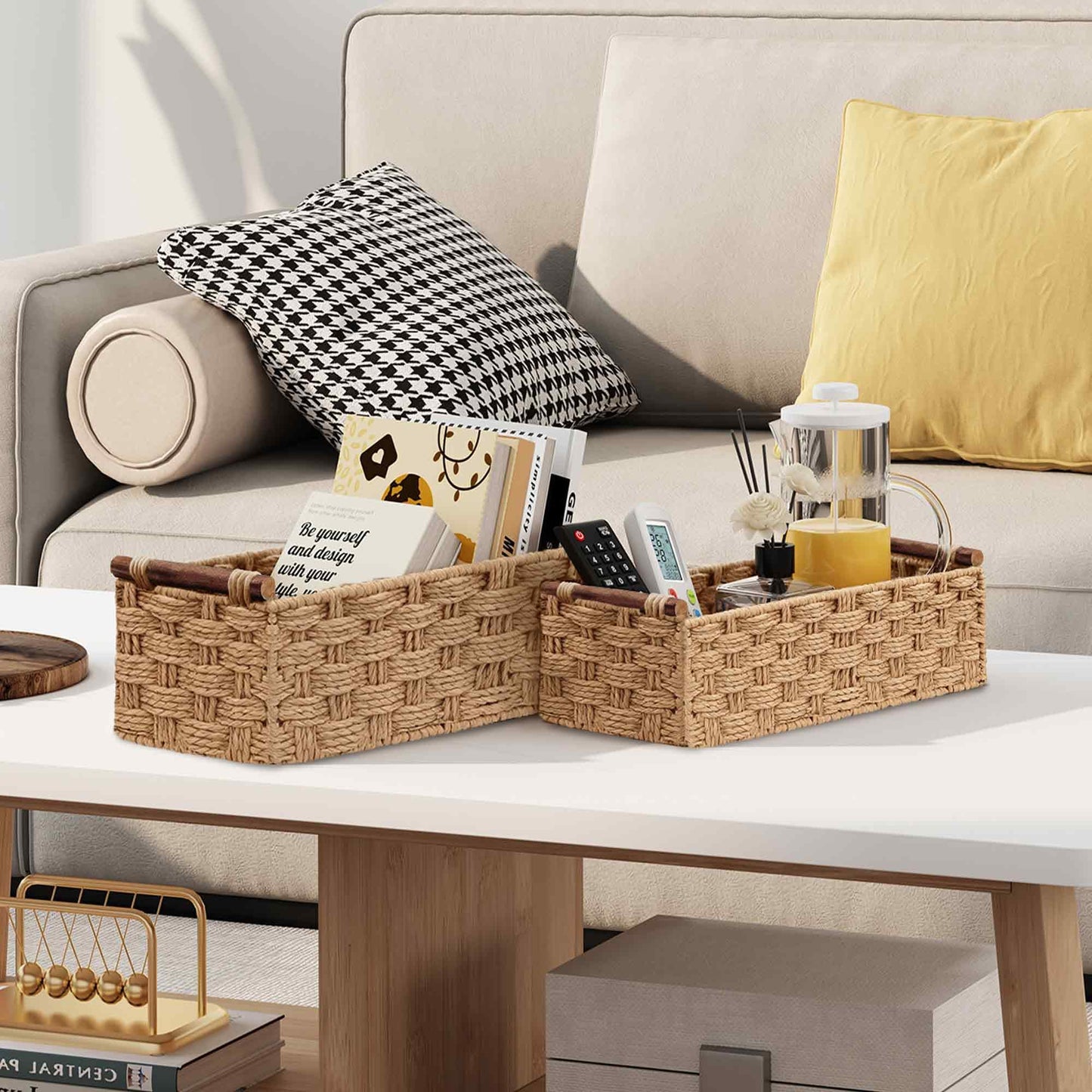 Vagusicc Wicker Storage Basket with Handle, Set of 2 Handwoven Paper Rope Storage Basket for Shelves