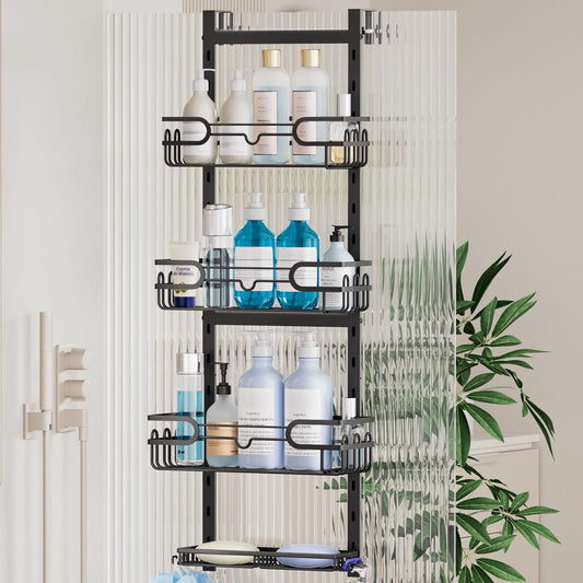 HapiRm Shower Caddy Hanging Black - 4 Tier Over Door Shower Caddy with 2 Soap Holders, Adjustable Bathroom Shelf with 22 Hooks, Rustproof Easy