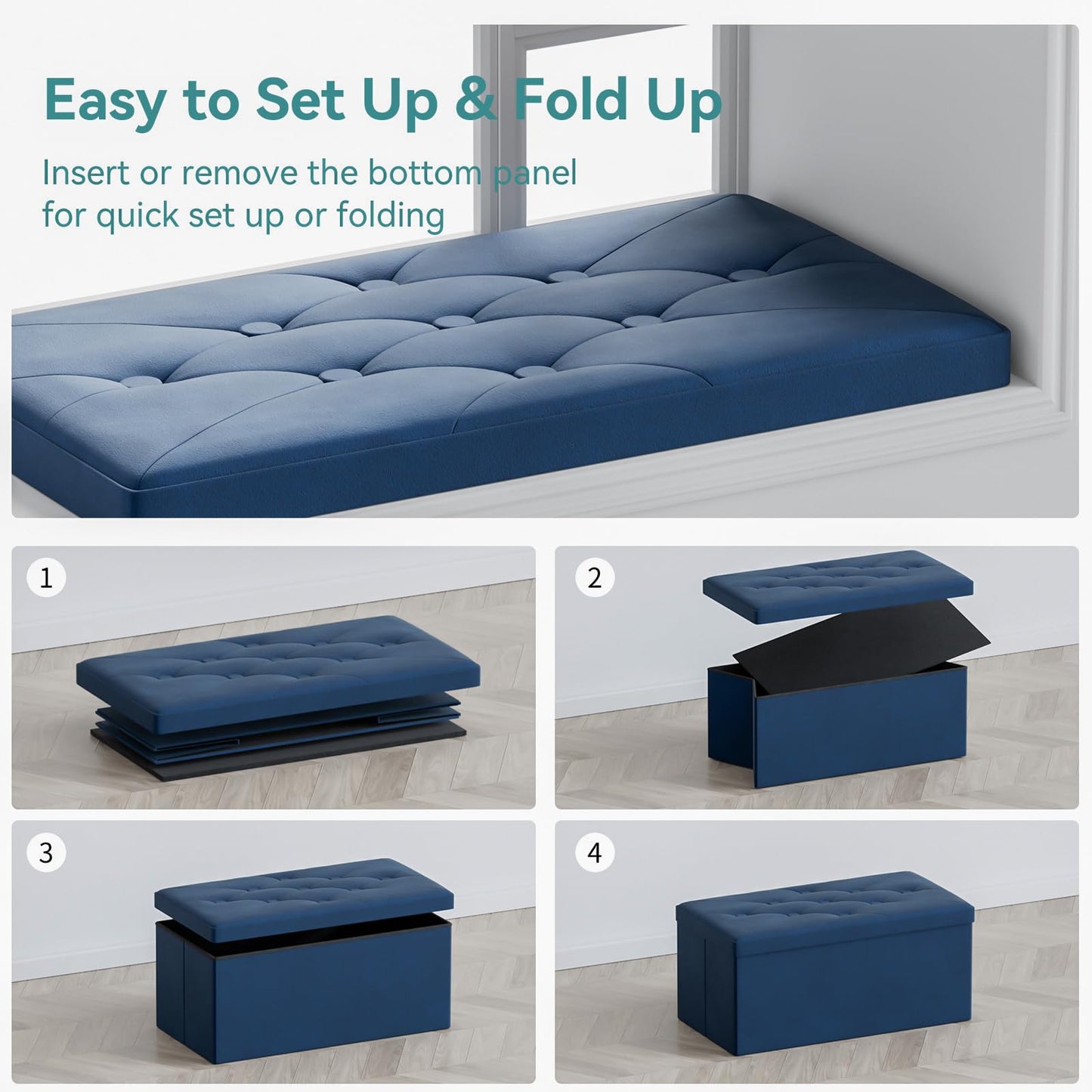 BRIAN & DANY Ottoman Storage Box Velvet Foldable Storage Ottoman Bench with Highly Elastic Sponge Filling for Living Room, 80 x 40 x 40 cm, Blue
