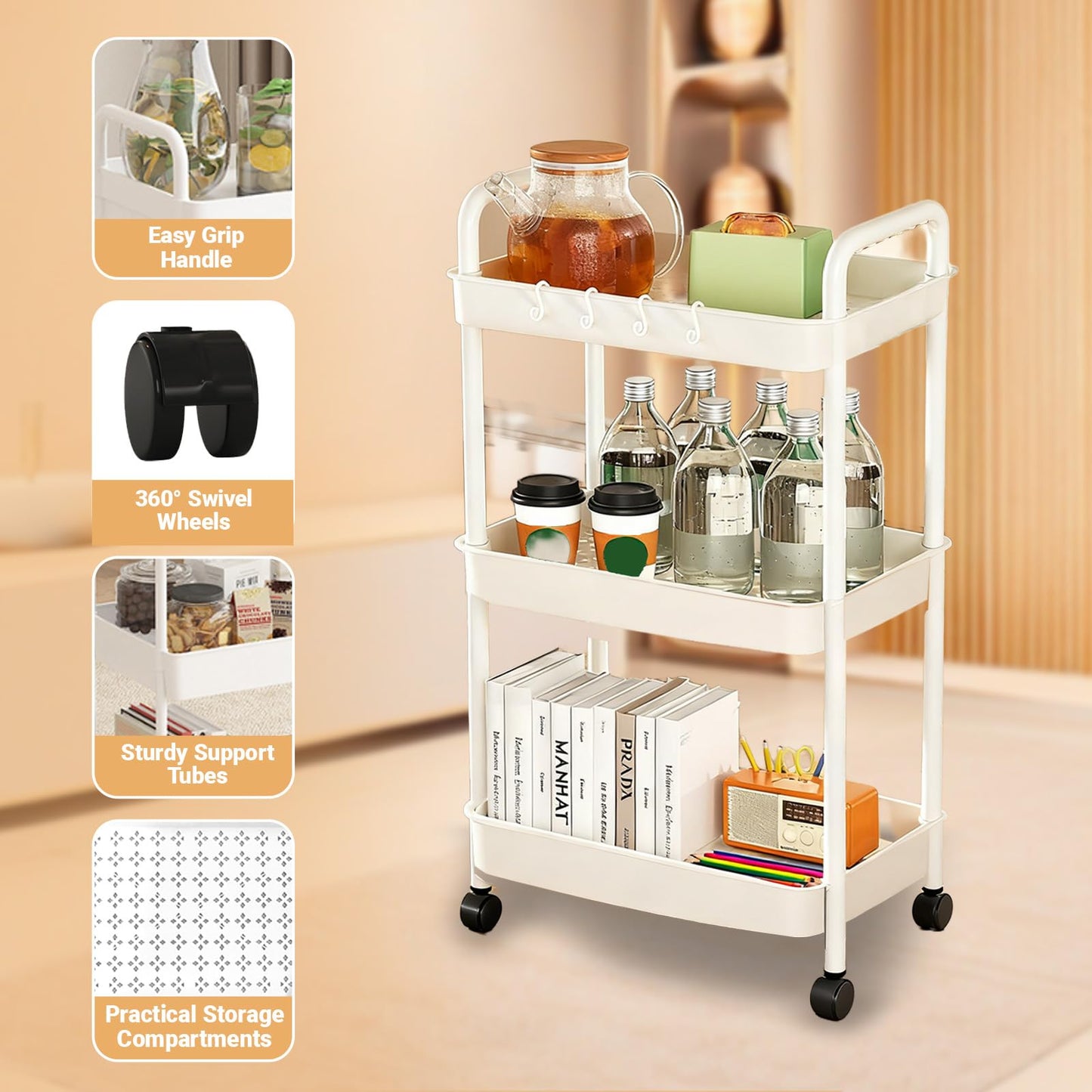 3 Tier Storage Trolley Cart Rolling Utility Storage Cart Kitchen Trolleys Bathroom Storage Shelves with 3 Hooks Plastic No Screws Needed for Living