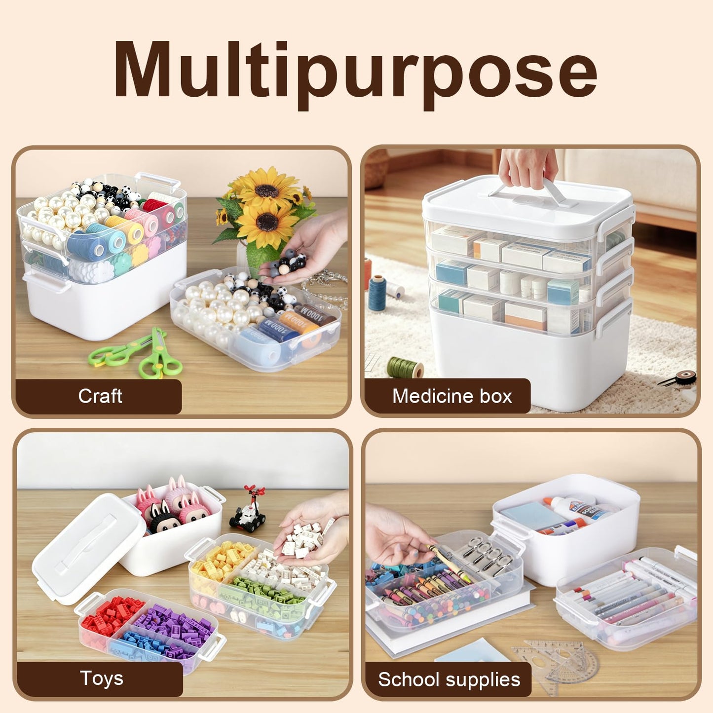 Creahaus 4 Layers Multipurpose Storage Box Organiser with Removable Trays, Stackable Art Craft Storage Box Case with Handle