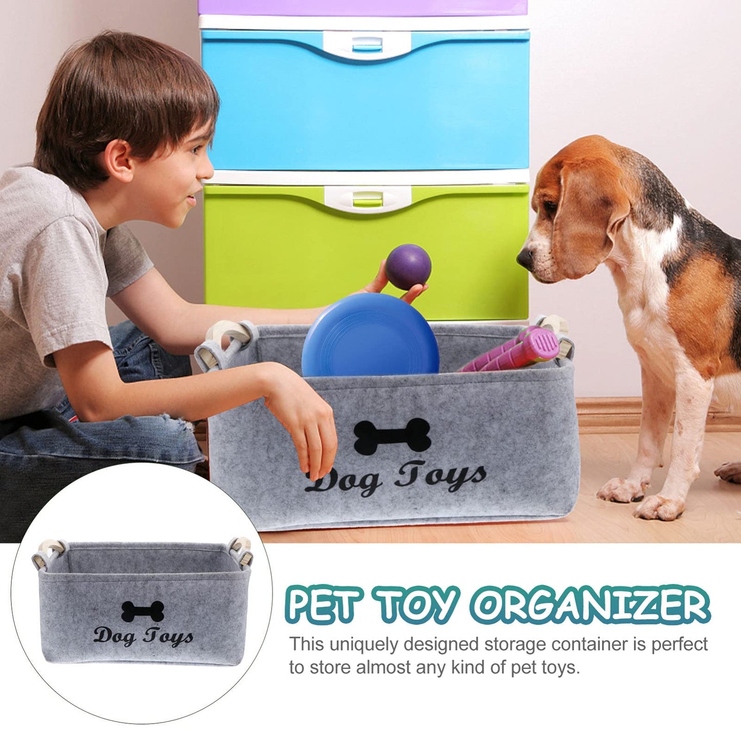 VILLCASE Dog Toy Storage Bin 15.33 x 10.61 x 6.29 In Grey Felt with Wooden Handles – Foldable Space-Saving for Pet Toy Organization – for Living Room