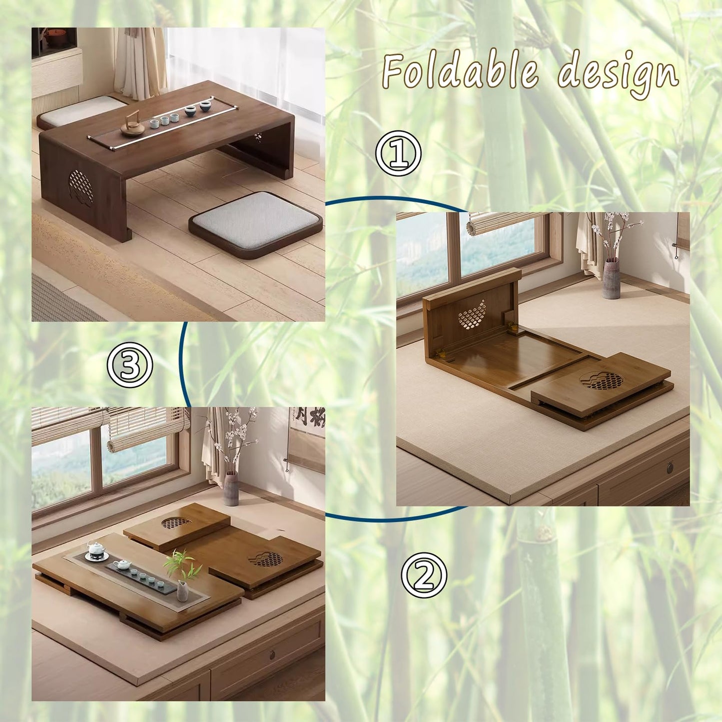 JIANCNGU Bamboo Chinese Tea Floor Table Japanese Foldable Coffee Table Altar Table For Meditation Low Portable Collapsable Tatami Table for Living