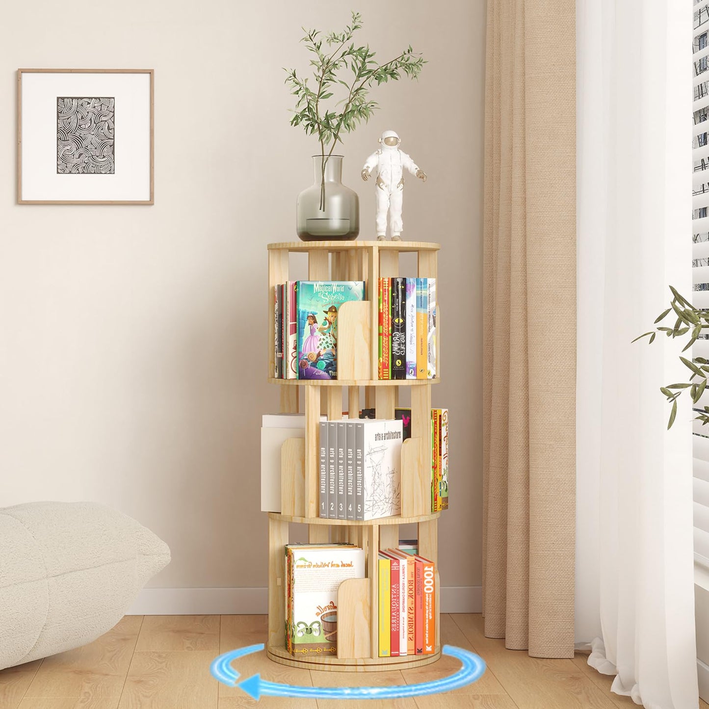 YGYQZ Rotating Bookshelf, 3 Tier Floor Standing Bookcase Wood 360 Display Narrow Book Shelf Organizer for Kids & Adult Storage Rack for Bedroom