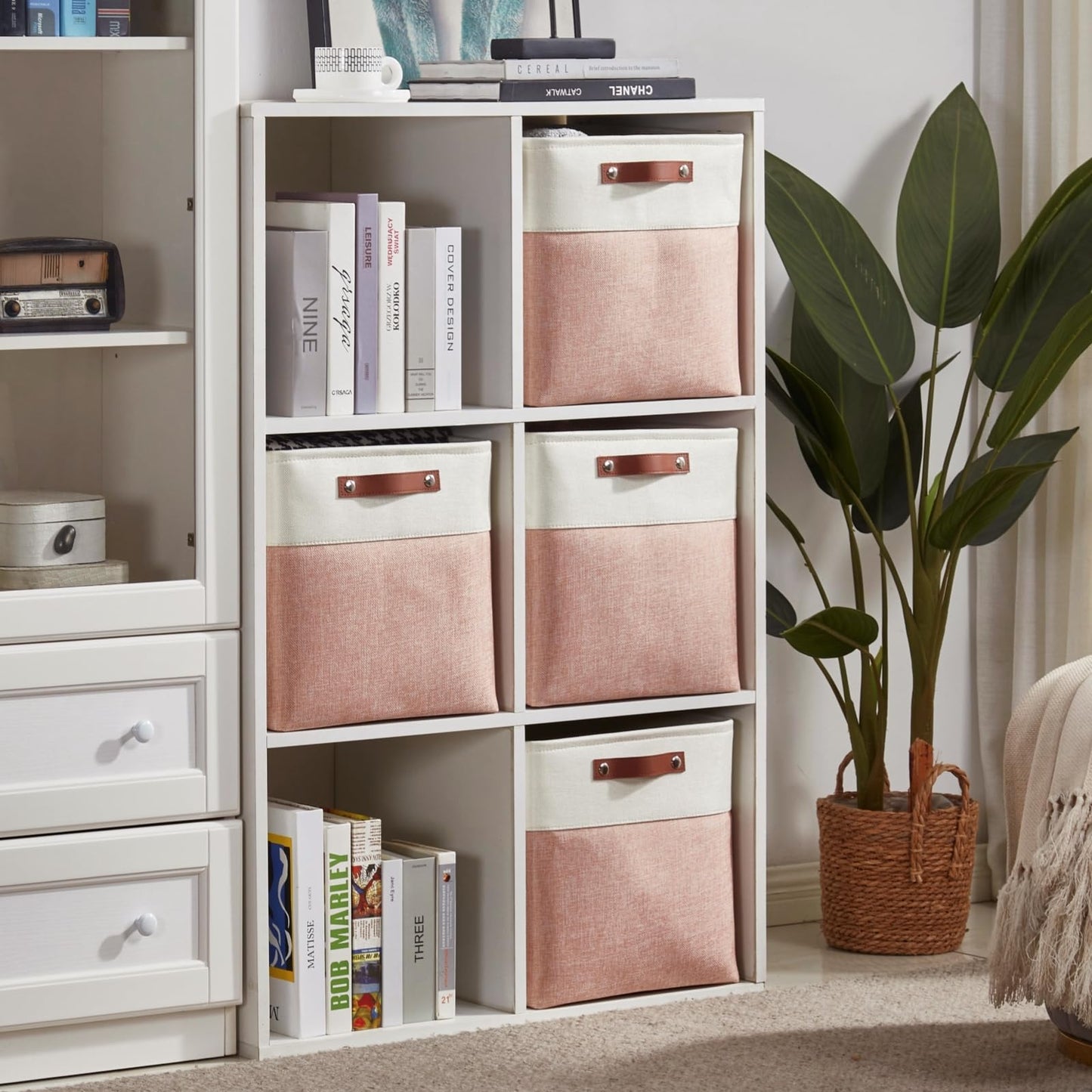 Mangata Collapsible Storage Cube Boxes, 33x38x33CM Linen Woven Fabric Storage Baskets with Leather Handles 3PCS(Pink and White)