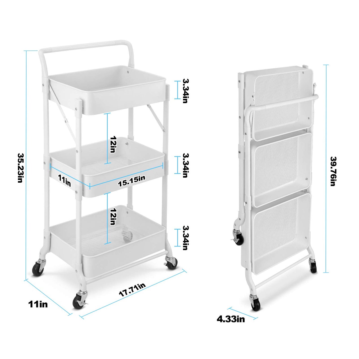 johgee Foldable 3 Tier Metal Utility Rolling Cart, Folding Mobile Multi-Function Storage Trolley Organizer Cart for Home Library